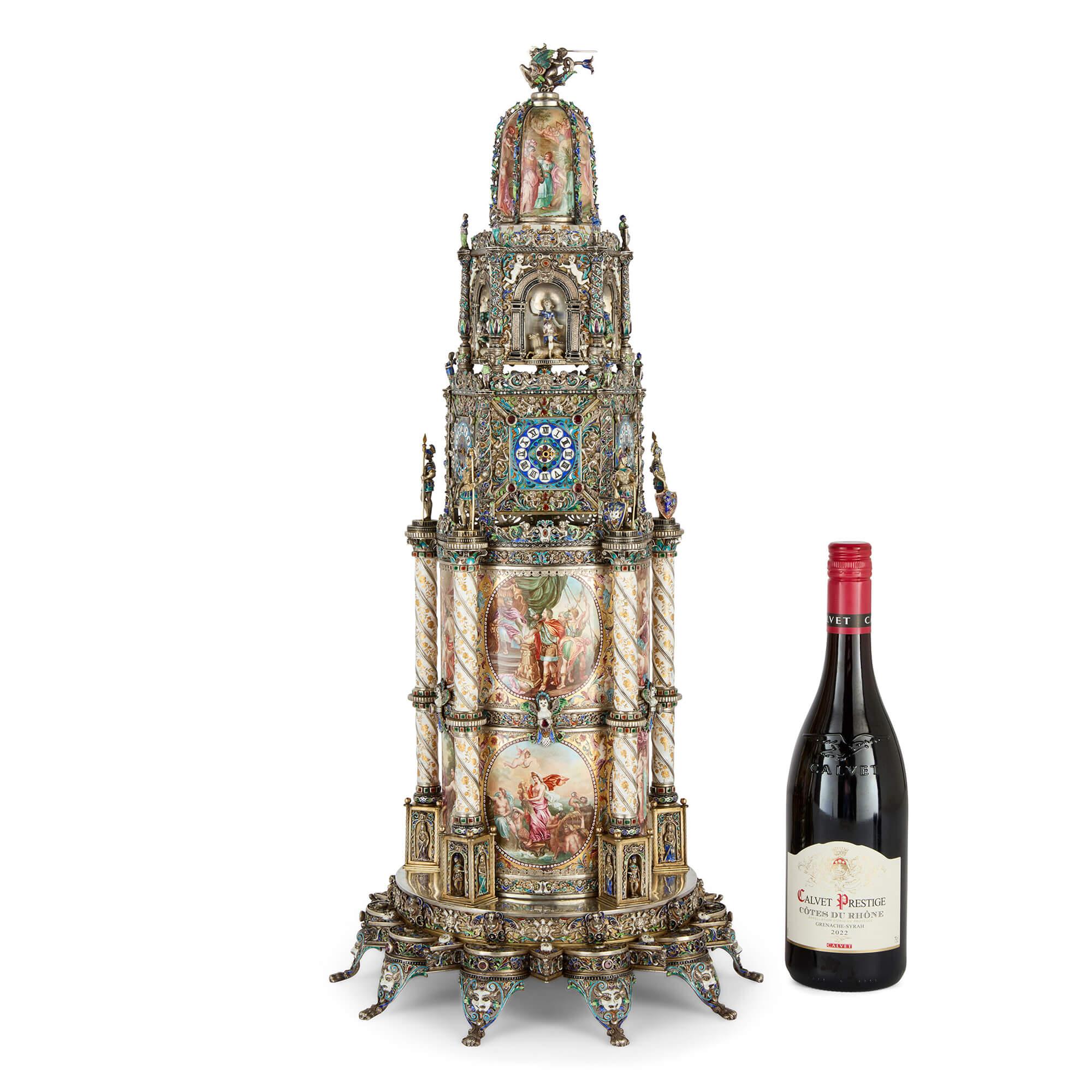 Large Austrian Renaissance Revival Silver and Enamel Clock by Hermann Böhm en venta 7