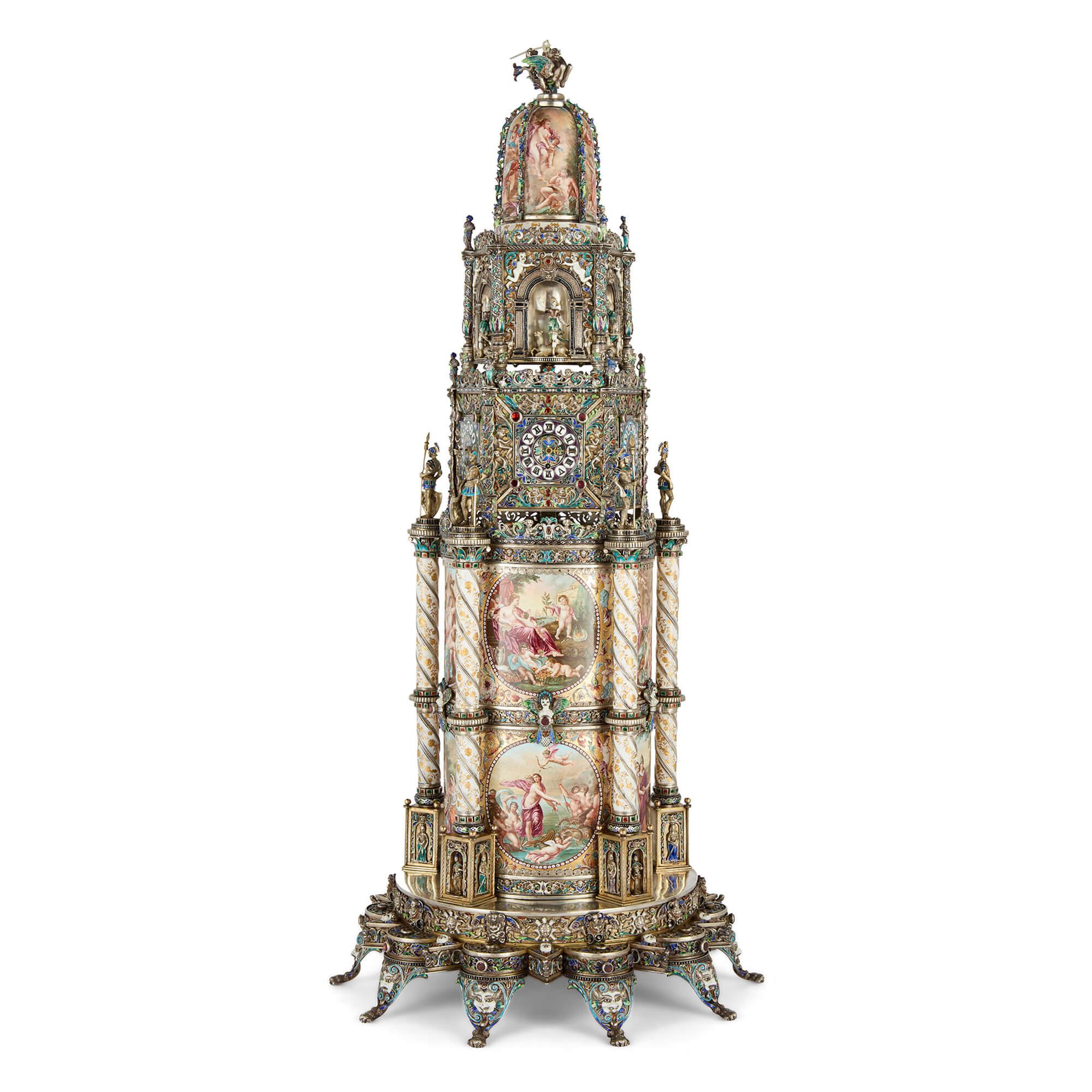 Large Austrian Renaissance Revival silver and enamel clock by Hermann Böhm
Austrian, c. 1880
Height 64cm, width 29cm, depth 29cm

An exquisite example of 19th century craftsmanship, this extraordinary Viennese clock was created around 1880 by