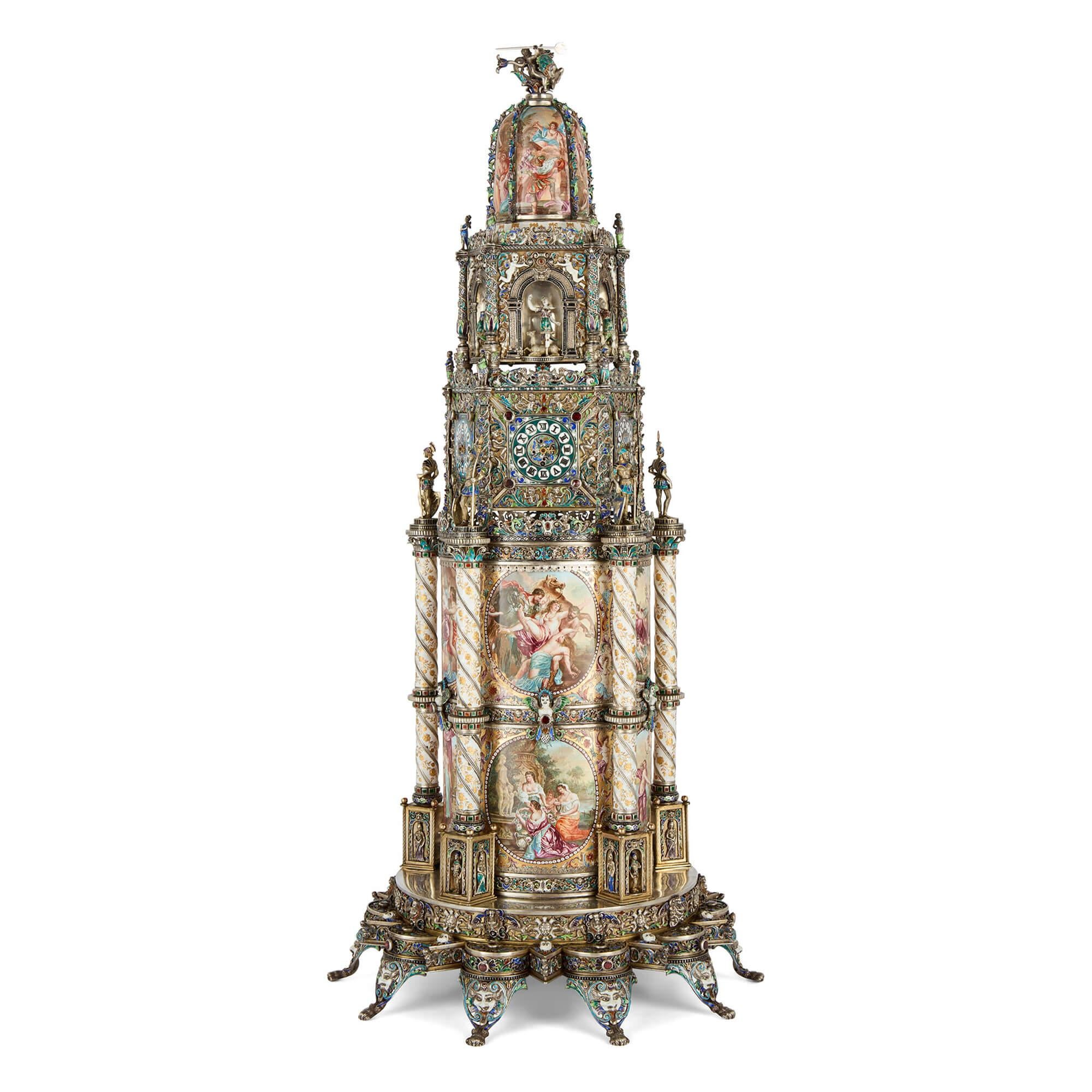 Large Austrian Renaissance Revival Silver and Enamel Clock by Hermann Böhm Renacimiento renacentista en venta