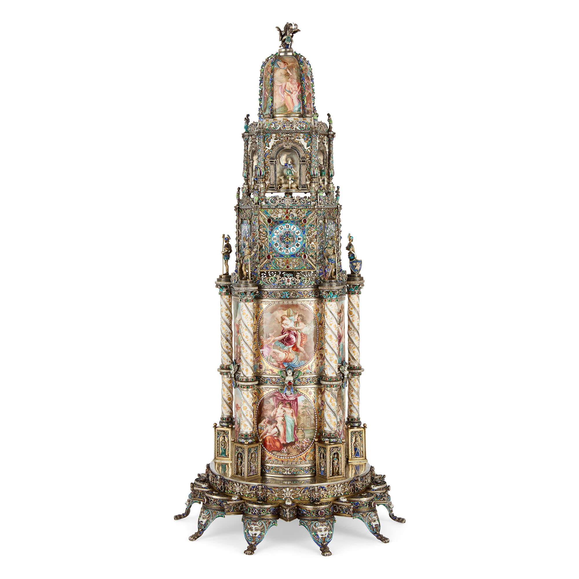 Large Austrian Renaissance Revival Silver and Enamel Clock by Hermann Böhm Austríaco en venta