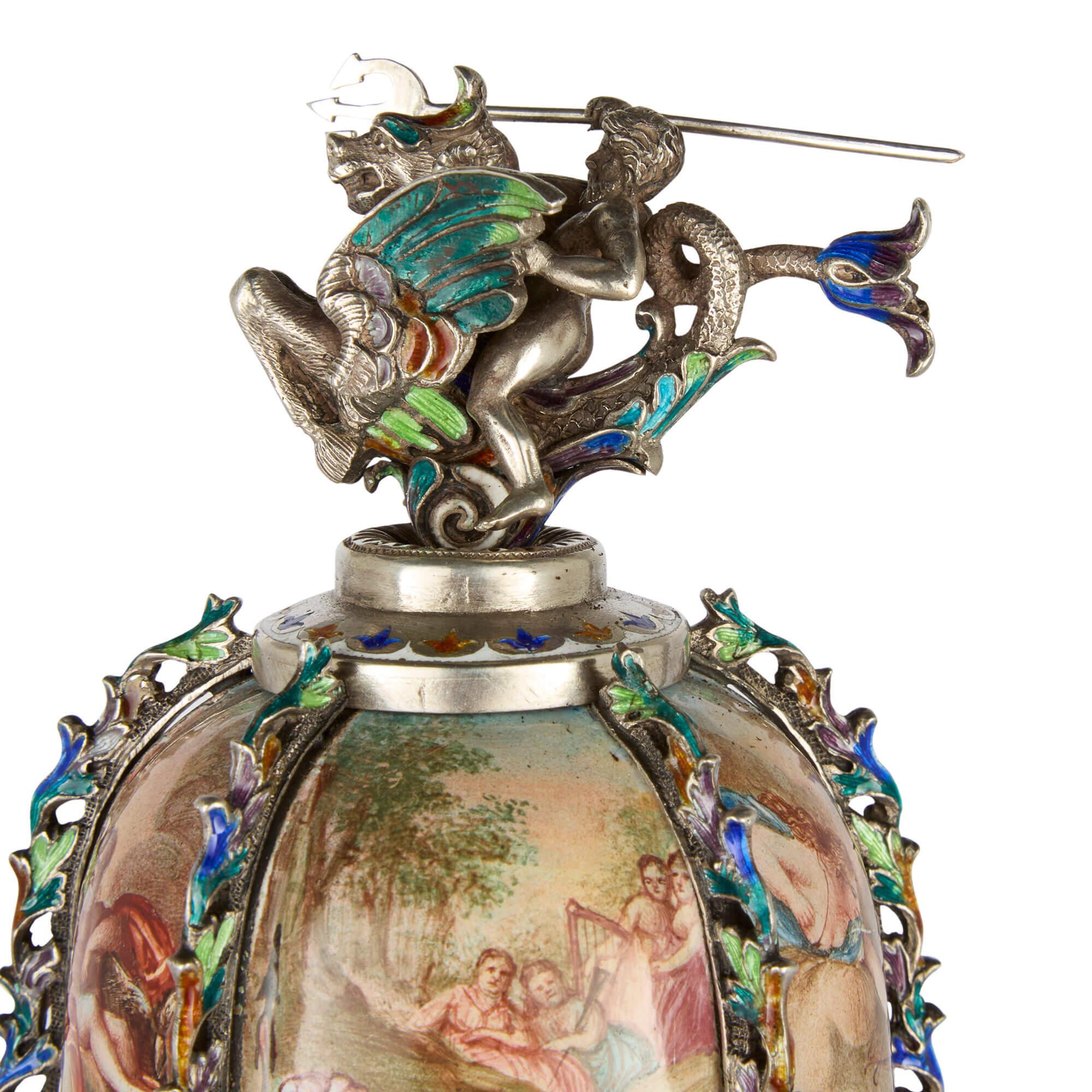 Large Austrian Renaissance Revival Silver and Enamel Clock by Hermann Böhm Vaciado en venta