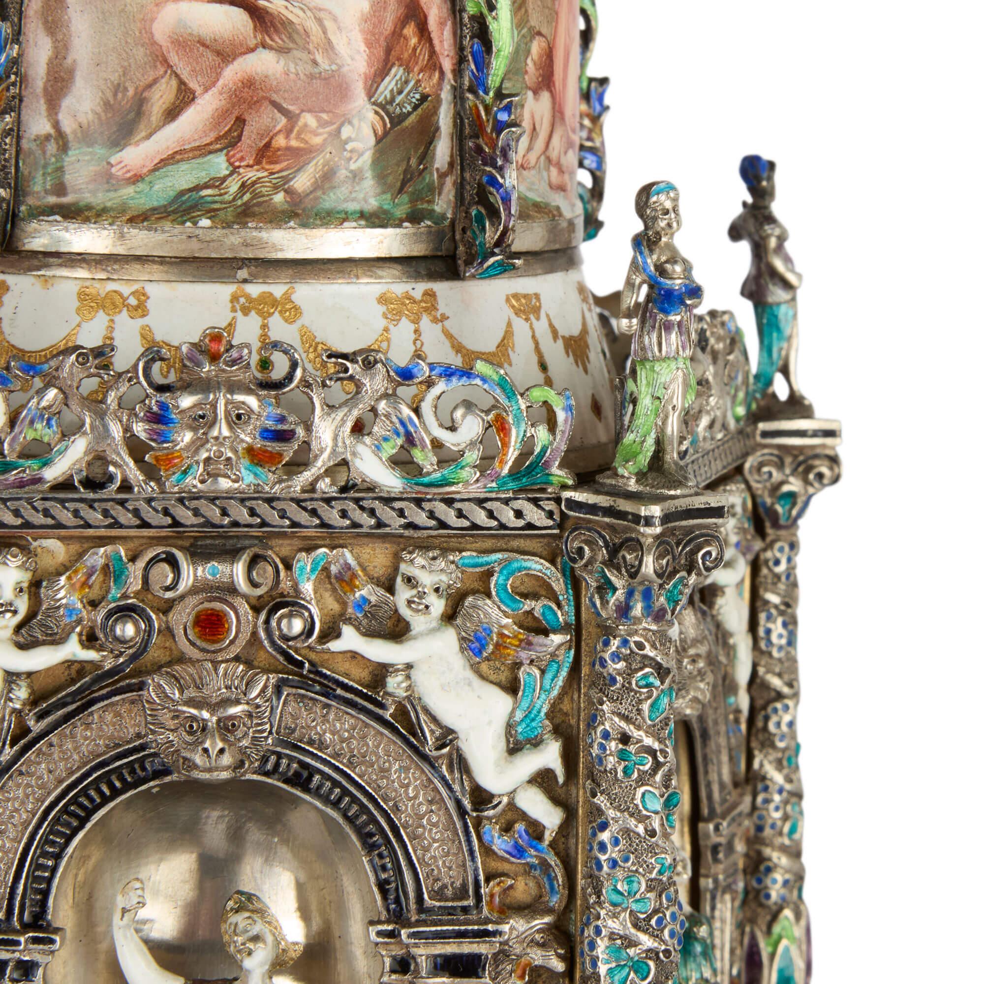 Large Austrian Renaissance Revival Silver and Enamel Clock by Hermann Böhm en Bueno estado para la venta en London, GB