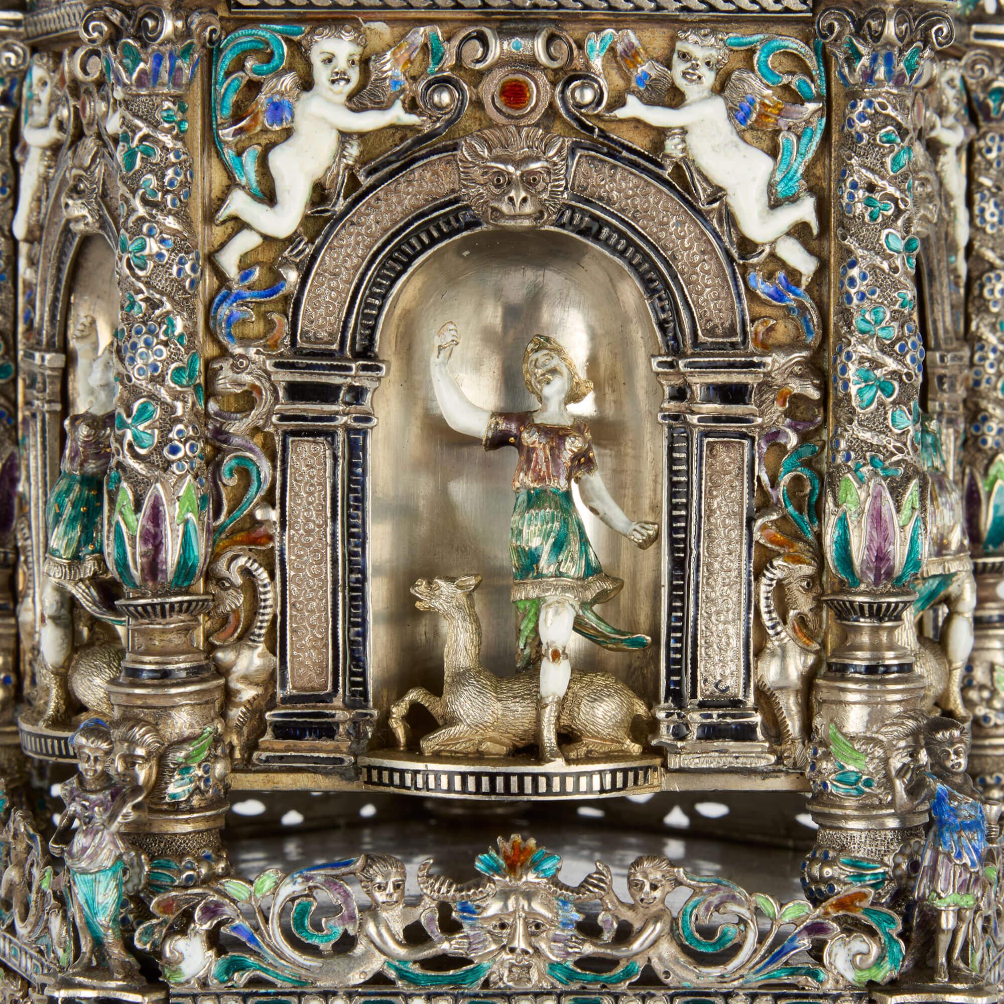 Large Austrian Renaissance Revival Silver and Enamel Clock by Hermann Böhm siglo XIX en venta