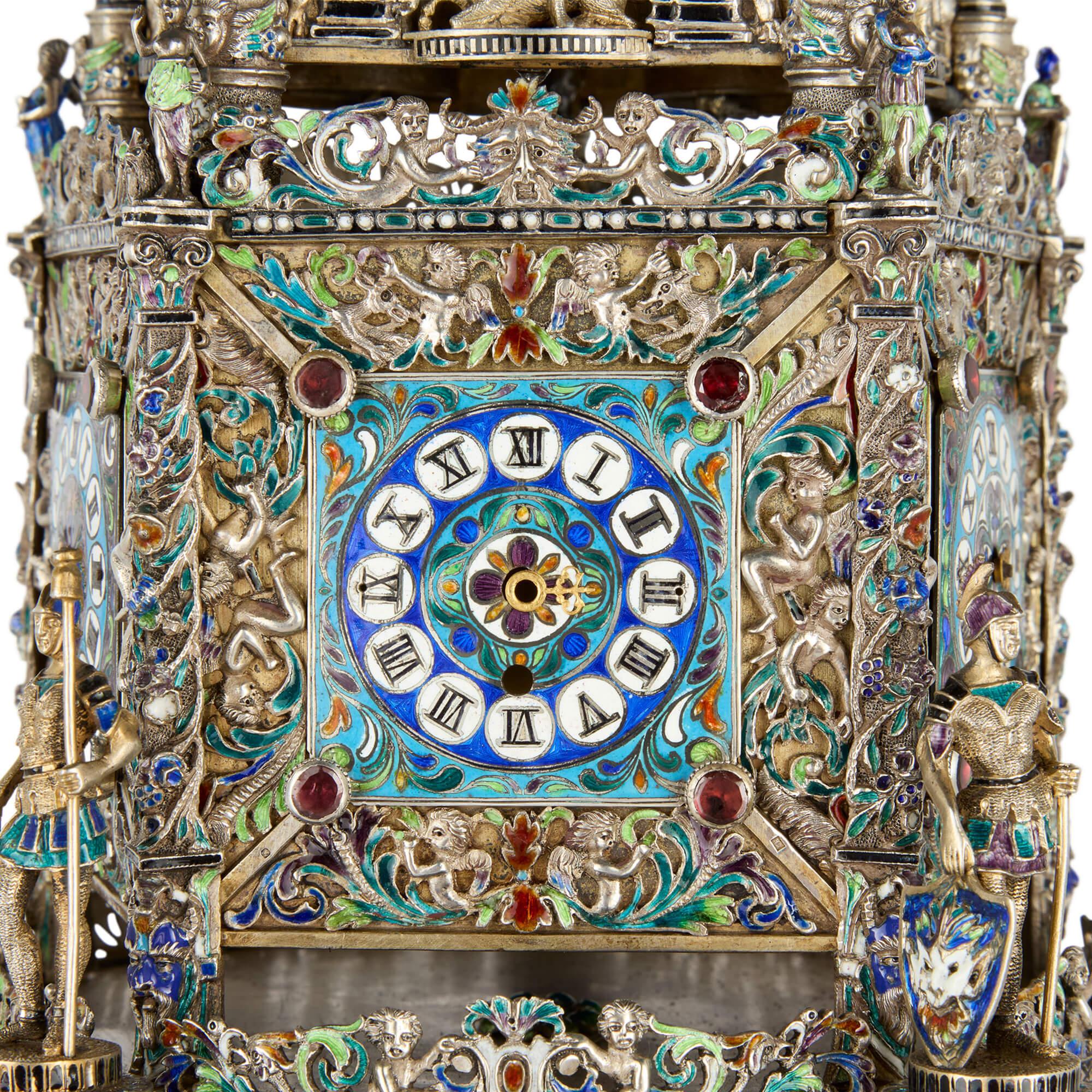 Large Austrian Renaissance Revival Silver and Enamel Clock by Hermann Böhm Vermeil en venta