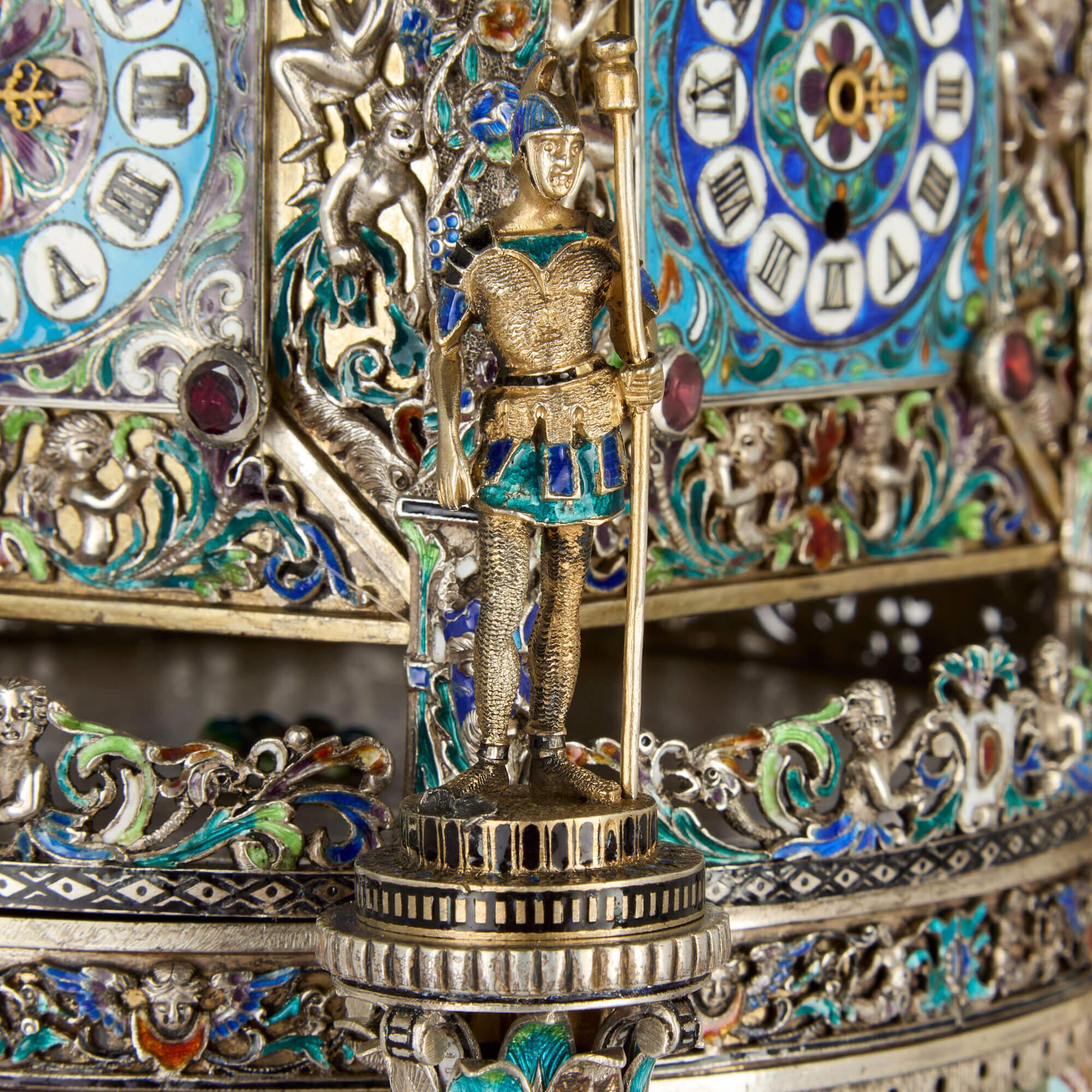 Large Austrian Renaissance Revival Silver and Enamel Clock by Hermann Böhm en venta 1