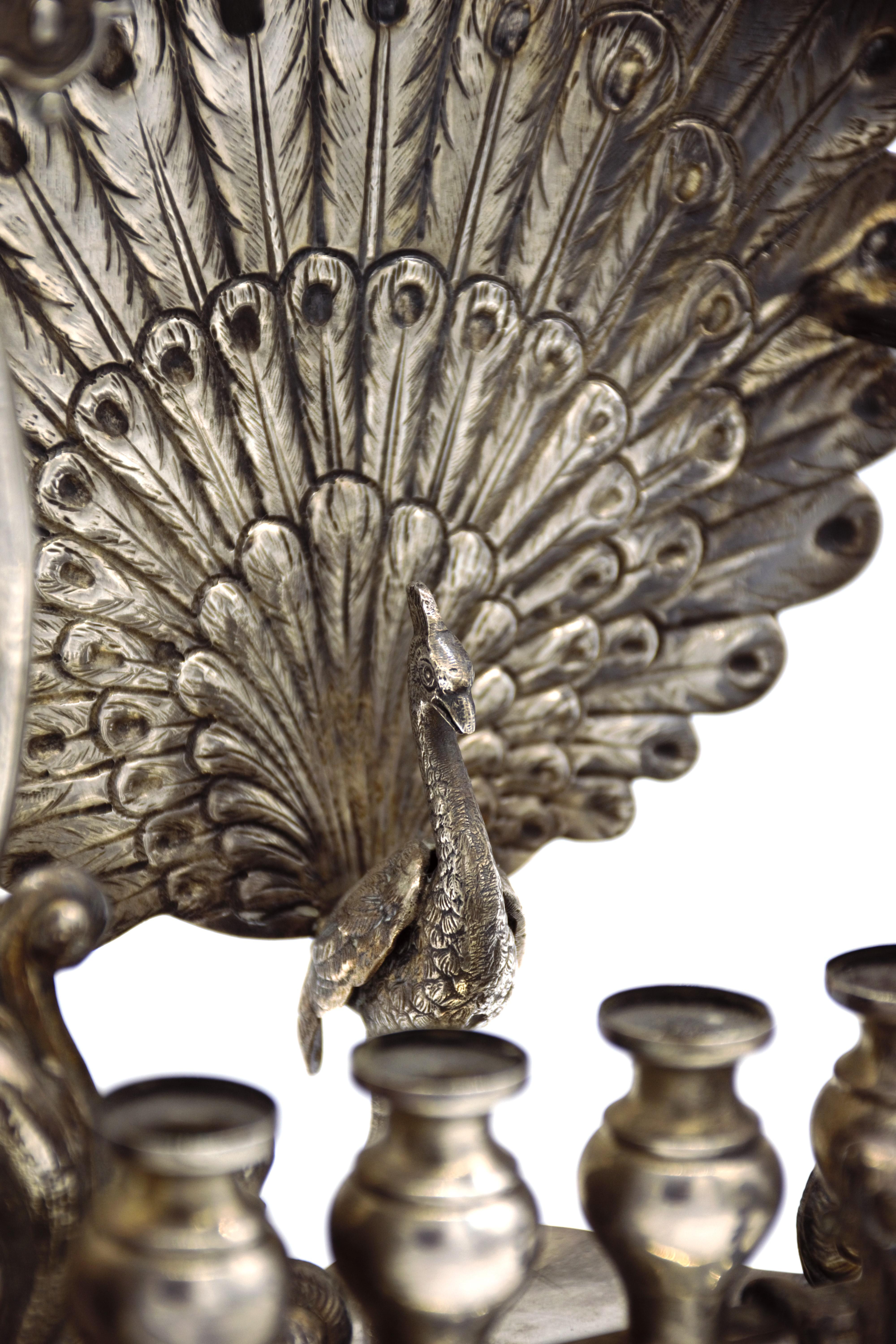 Cast Large Austrian Silver “Peacock” Hanukkah Lamp, Josef Kohn, Vienna, 1872-1900s' For Sale