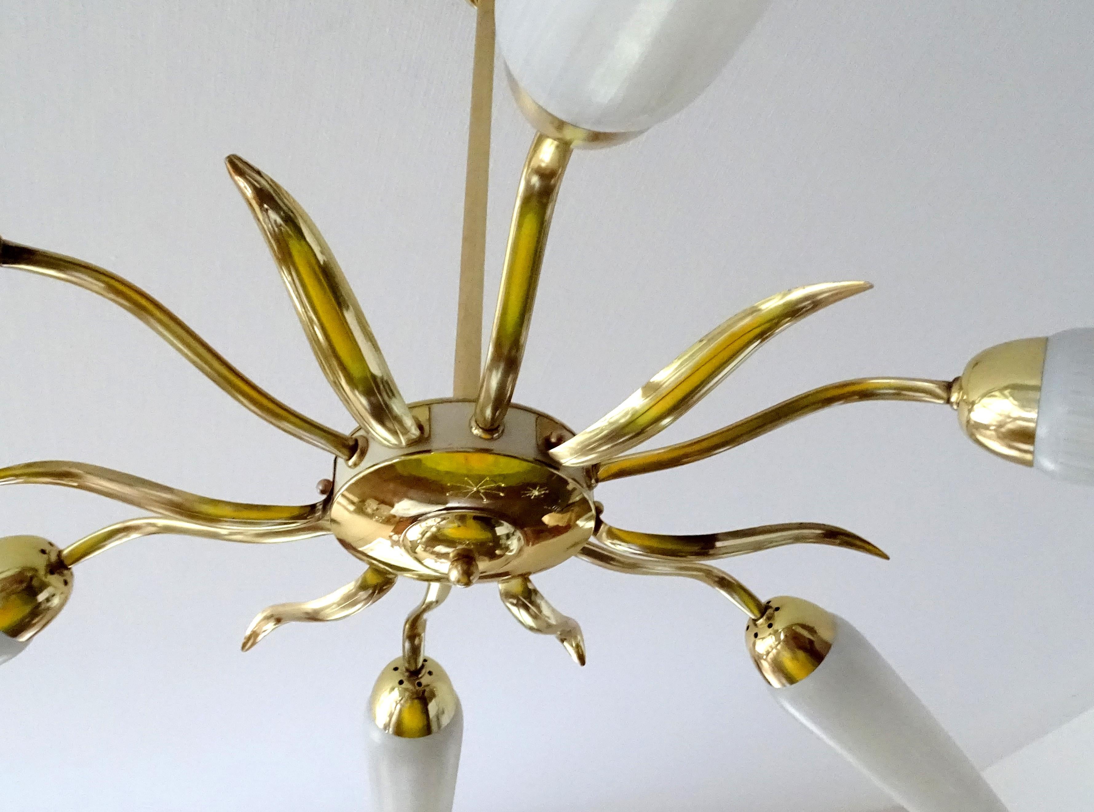 Large  Italian Sunburst Brass Glass Chandelier, Stilnovo Gio Ponti Era 11