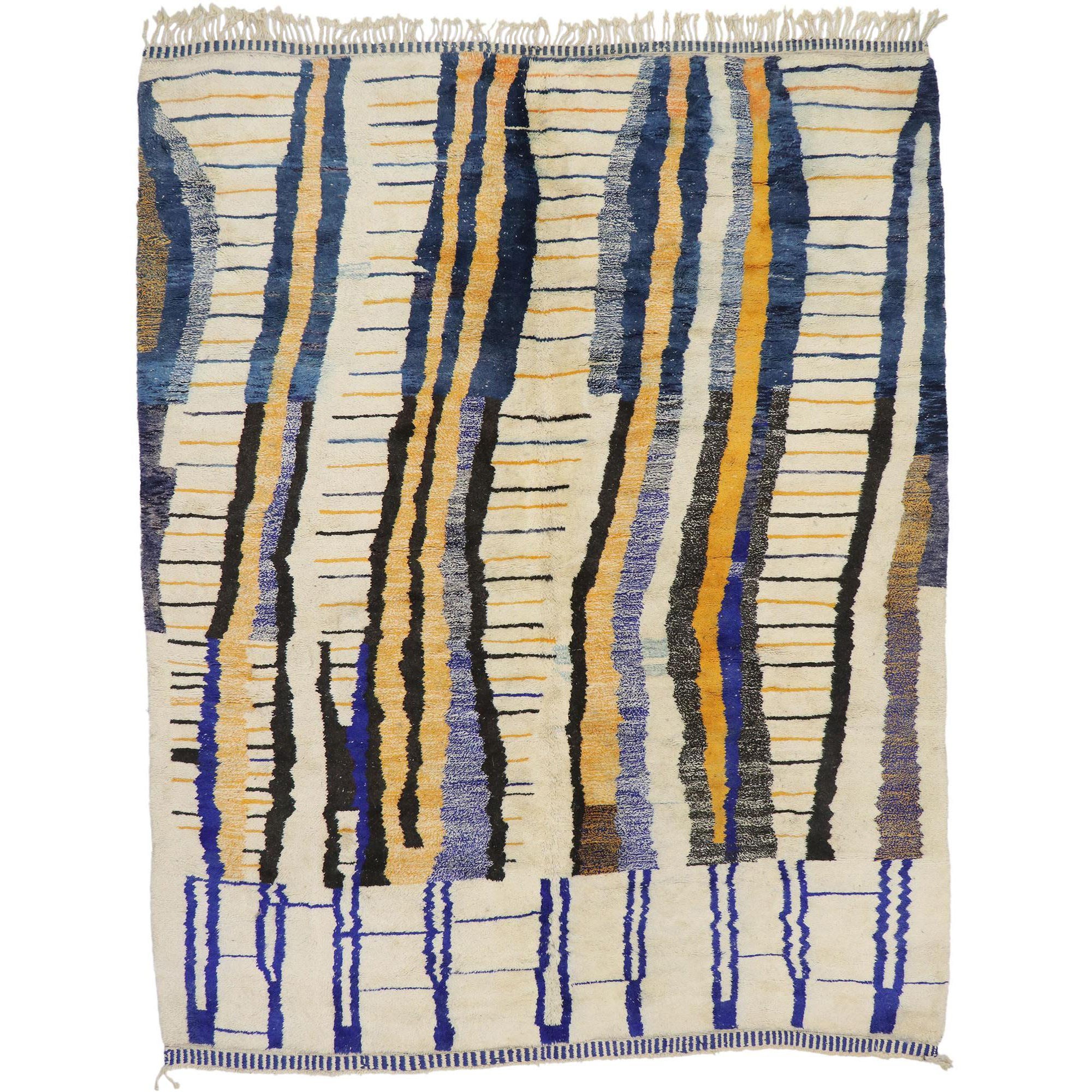 Large Authentic Berber Moroccan Rug with Linear Abstract Expressionist Style