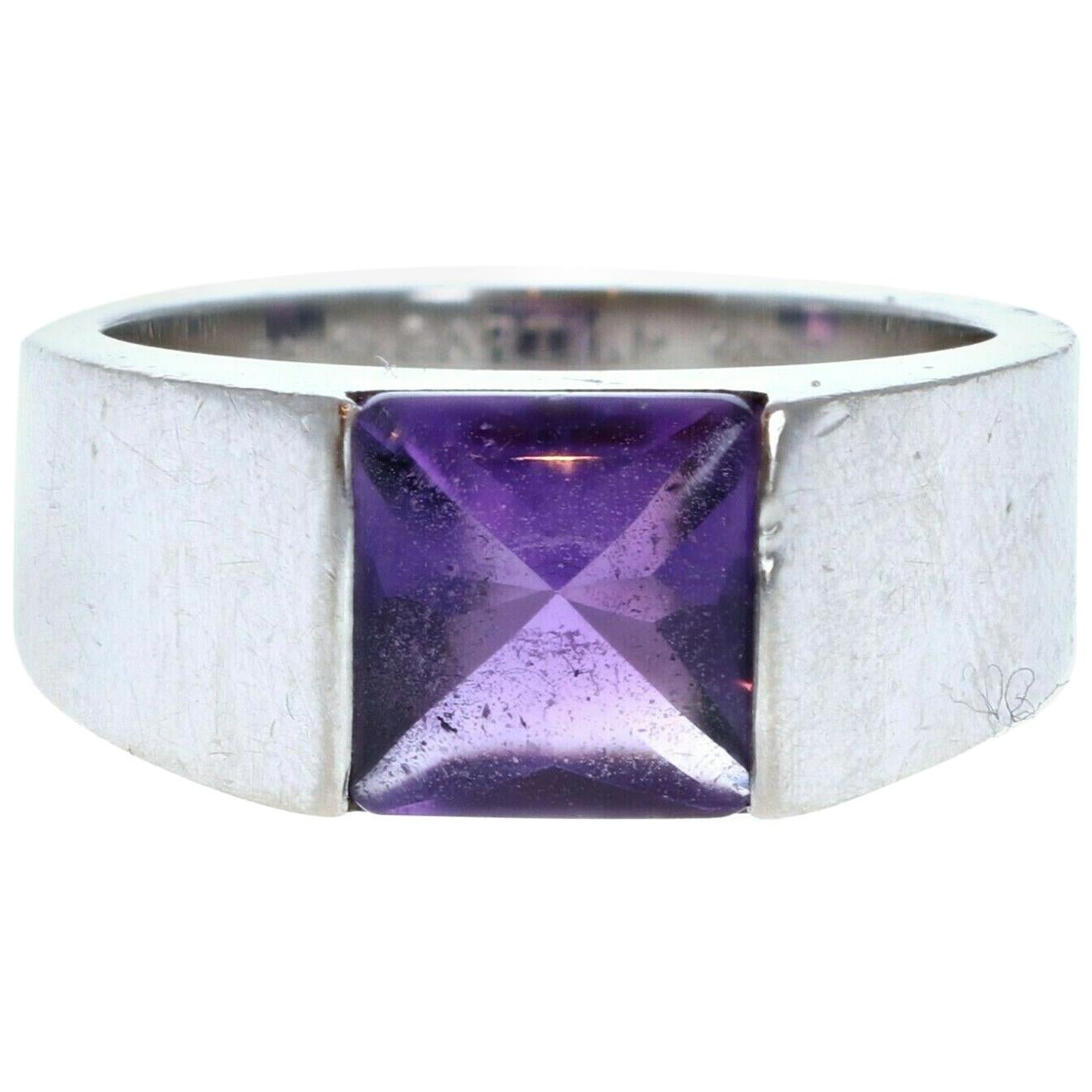 Large Authentic Cartier Tank 18k White Gold & Amethyst Wide Ring 13.4g