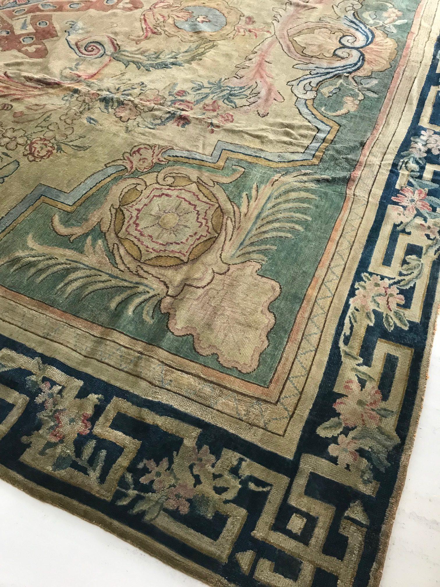 19th Century Large Authentic Savonnerie Bold Handmade Wool Rug For Sale