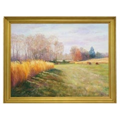 Vintage Large Autumn Field Oil on Canvas Painting by Richardson