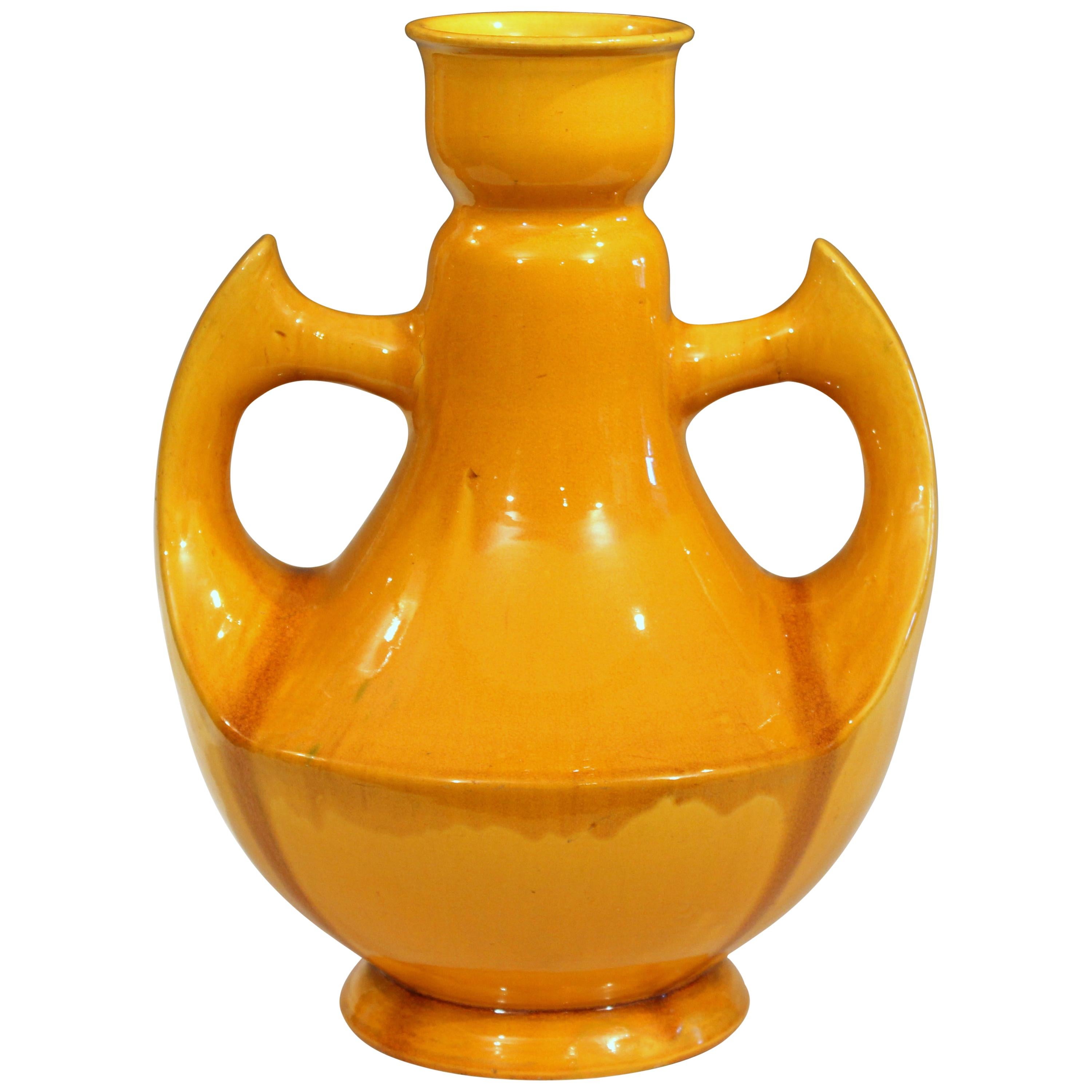 Large Awaji Art Deco Studio Pottery Japanese Wing Handled Golden Yellow