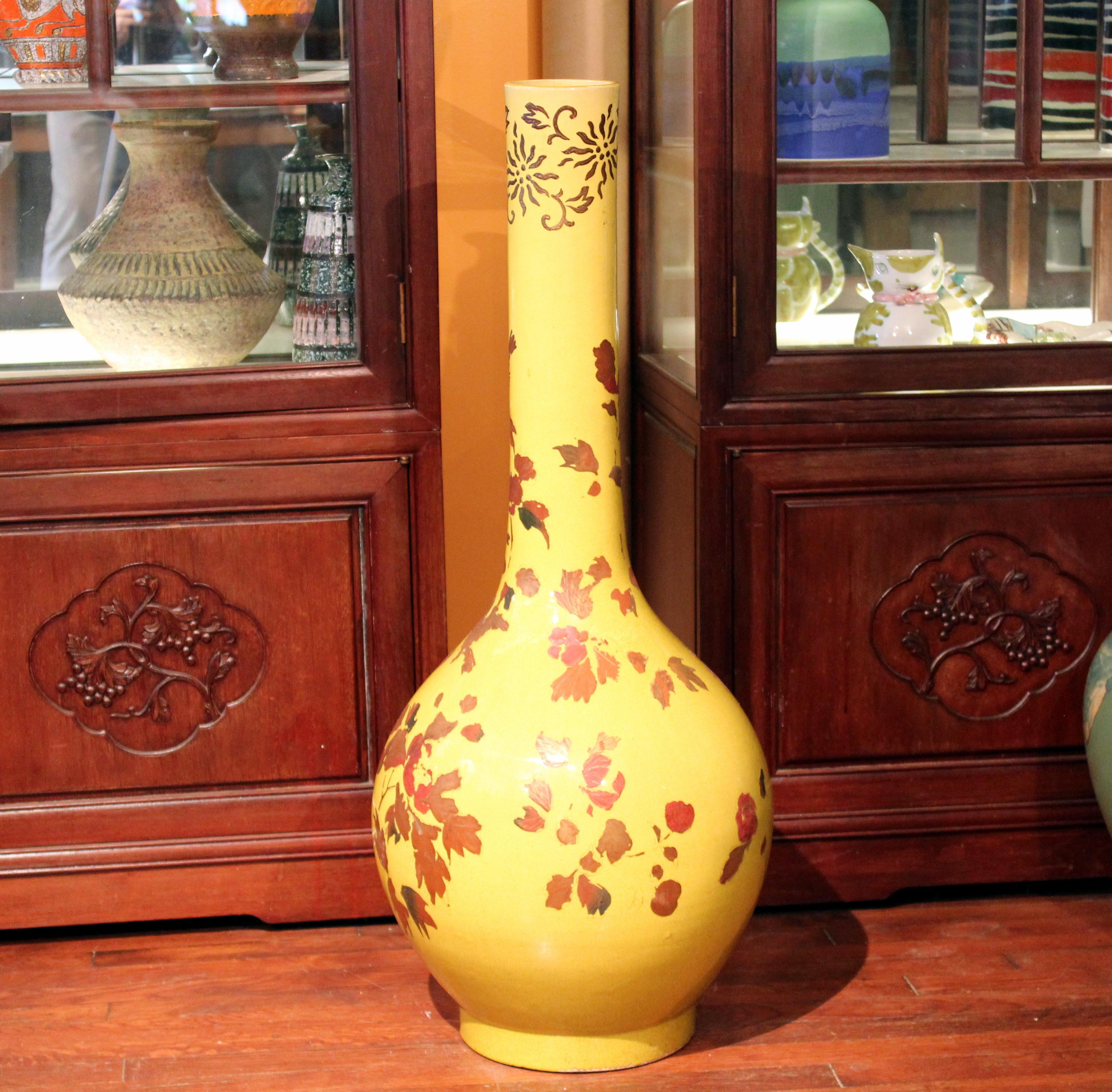 Art Nouveau Large Awaji Pottery Bottle Floor Vase Lacquer Decoration For Sale