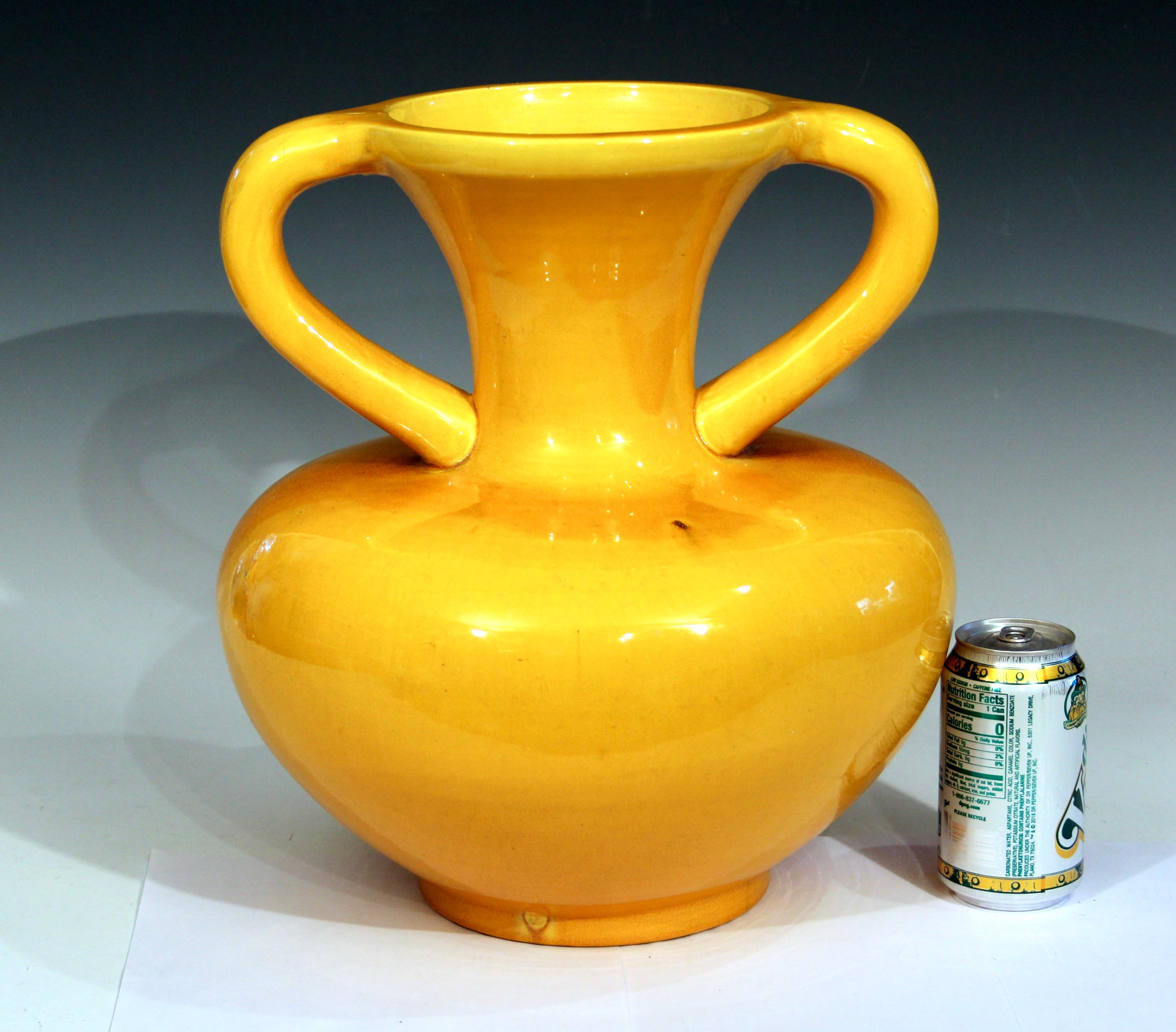Large Awaji Pottery Golden Yellow Arts & Crafts Ikebana Purse Form Vase 3