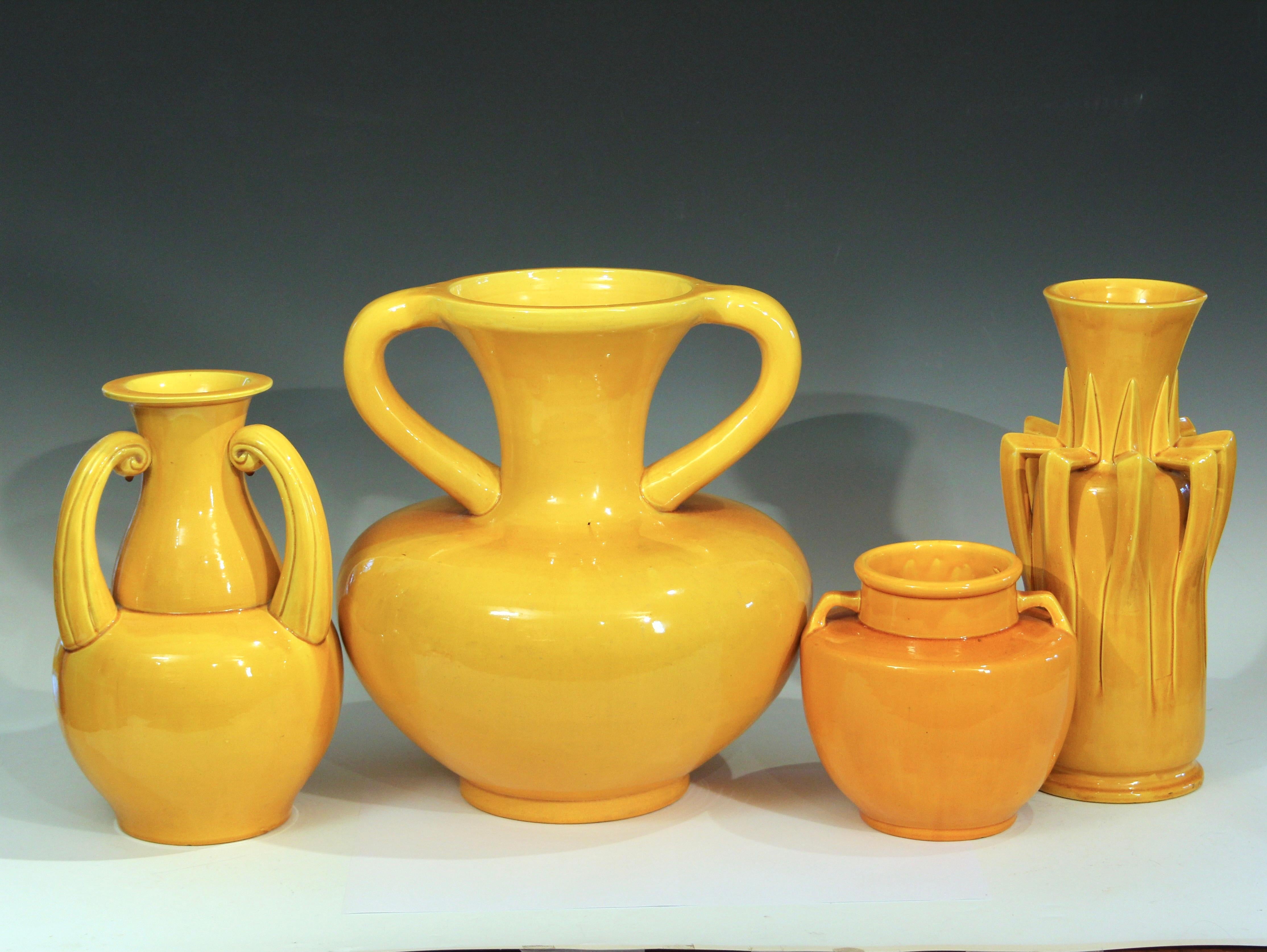 Large Awaji Pottery Golden Yellow Arts & Crafts Ikebana Purse Form Vase For Sale 4