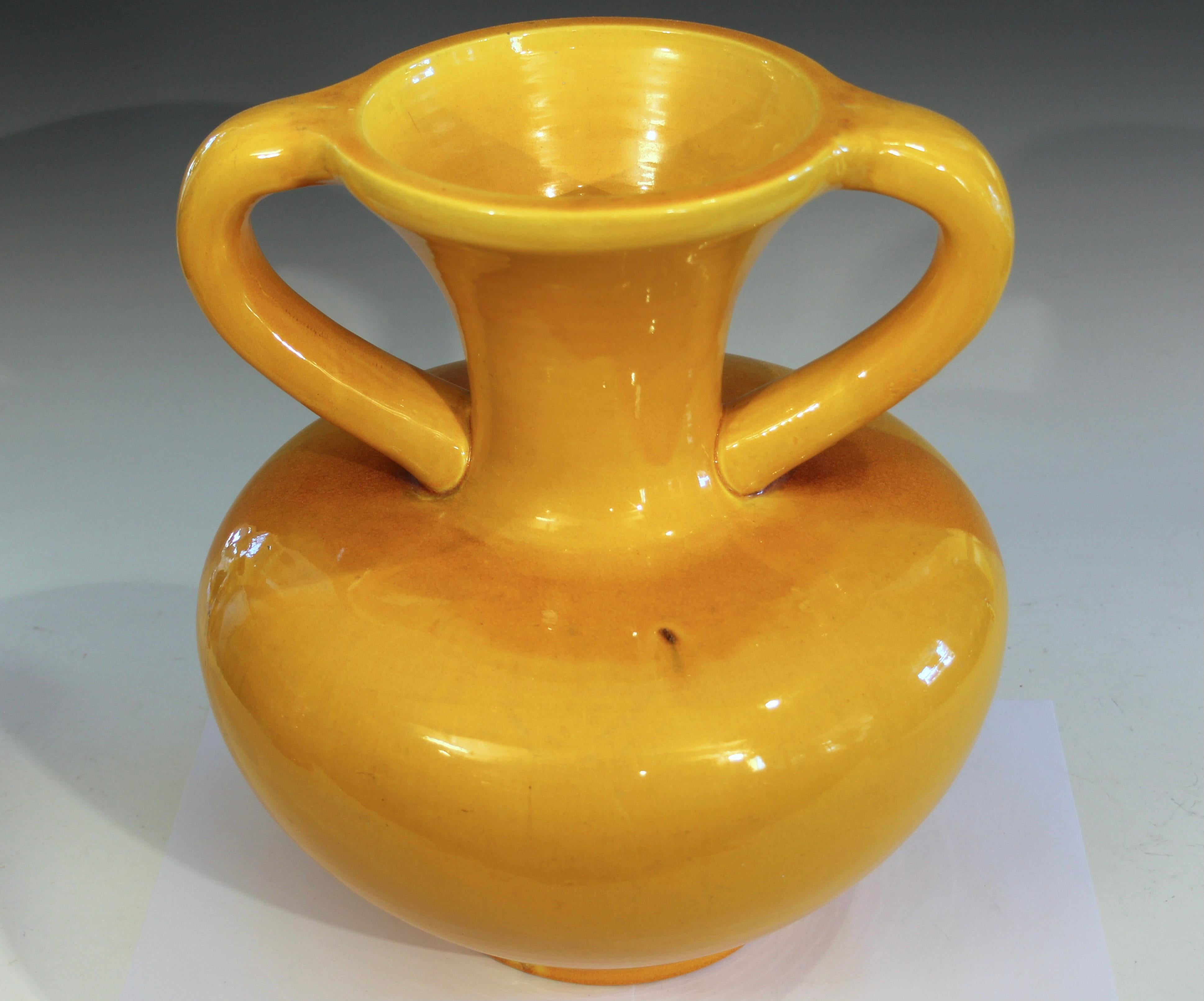Arts and Crafts Large Awaji Pottery Golden Yellow Arts & Crafts Ikebana Purse Form Vase For Sale