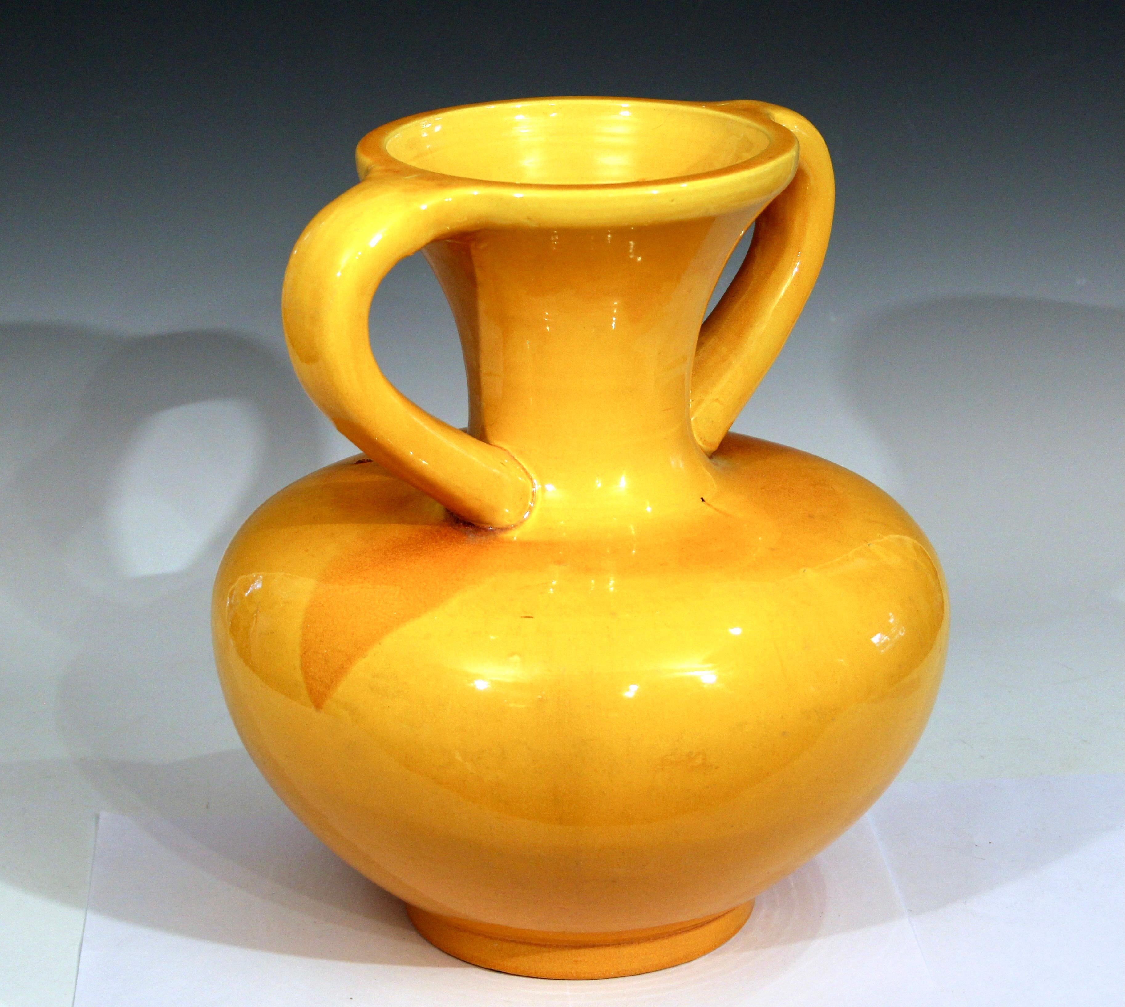 Japanese Large Awaji Pottery Golden Yellow Arts & Crafts Ikebana Purse Form Vase For Sale