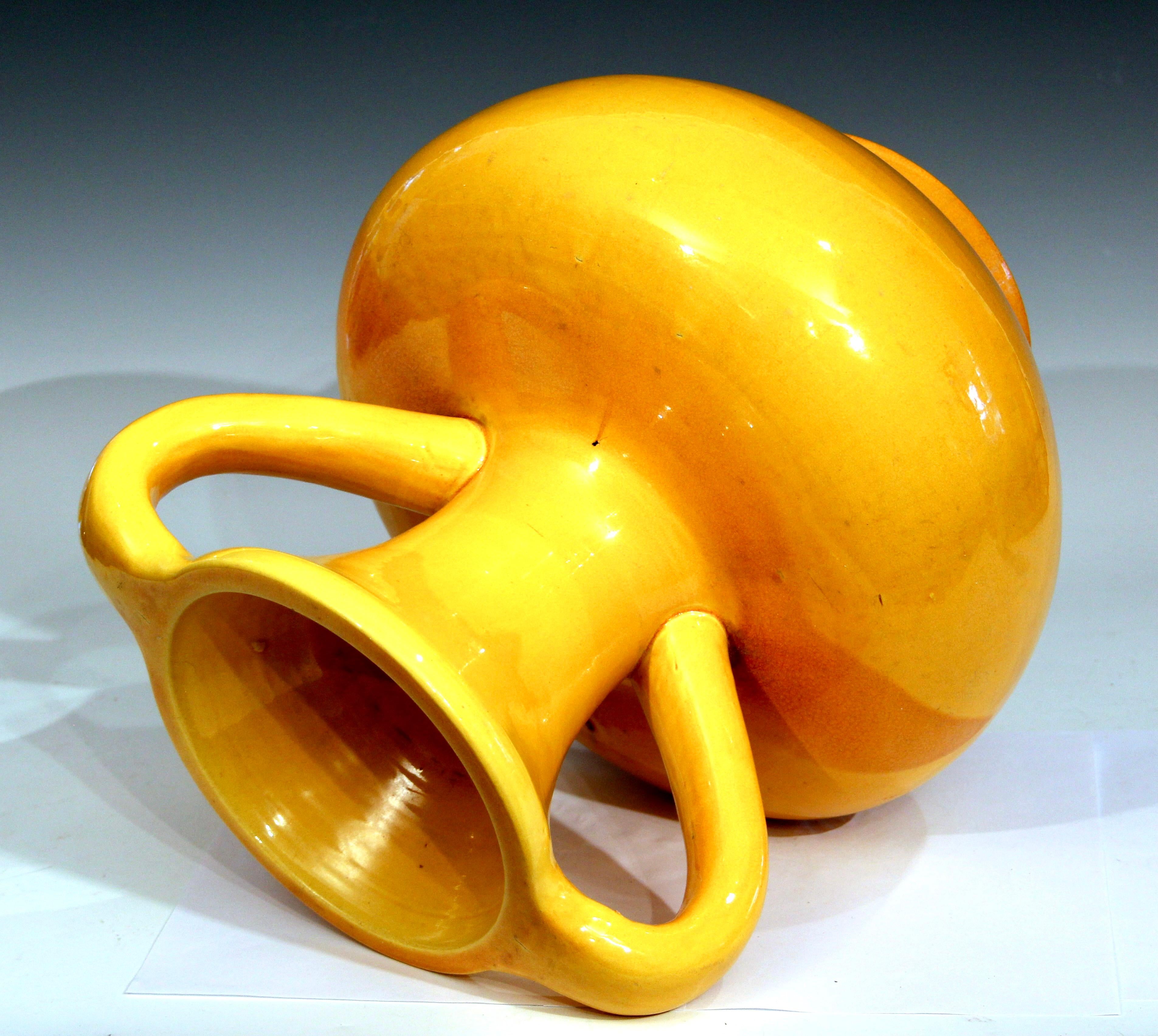 Turned Large Awaji Pottery Golden Yellow Arts & Crafts Ikebana Purse Form Vase For Sale
