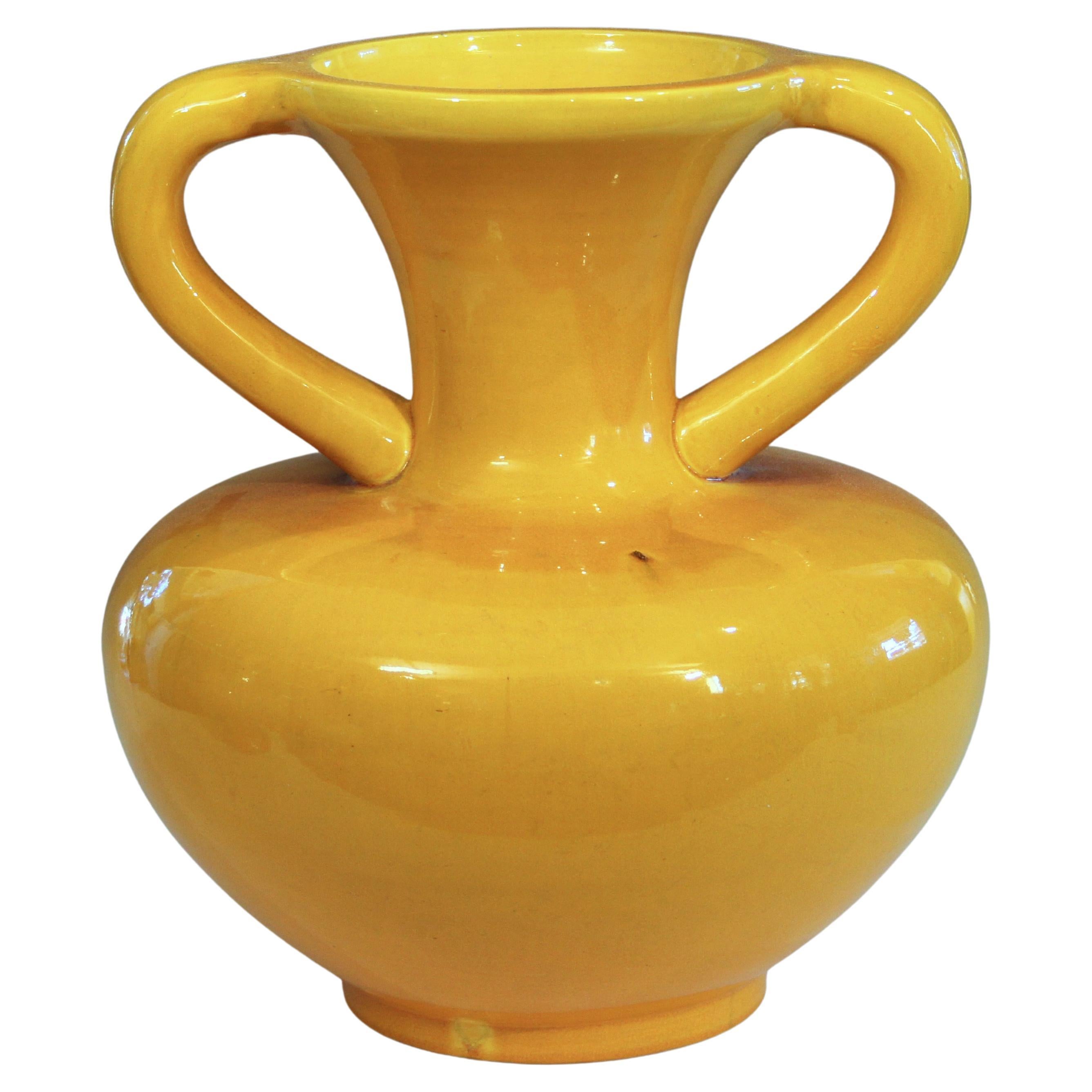 Large Awaji Pottery Golden Yellow Arts & Crafts Ikebana Purse Form Vase For Sale