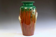 Large Awaji Pottery Sprigged Chrysanthemum Drip Glaze Vase Sanpei Kiln Flag Mark