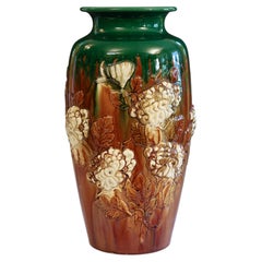 Large Awaji Pottery Sprigged Chrysanthemum Drip Glaze Vase Sanpei Kiln Flag Mark