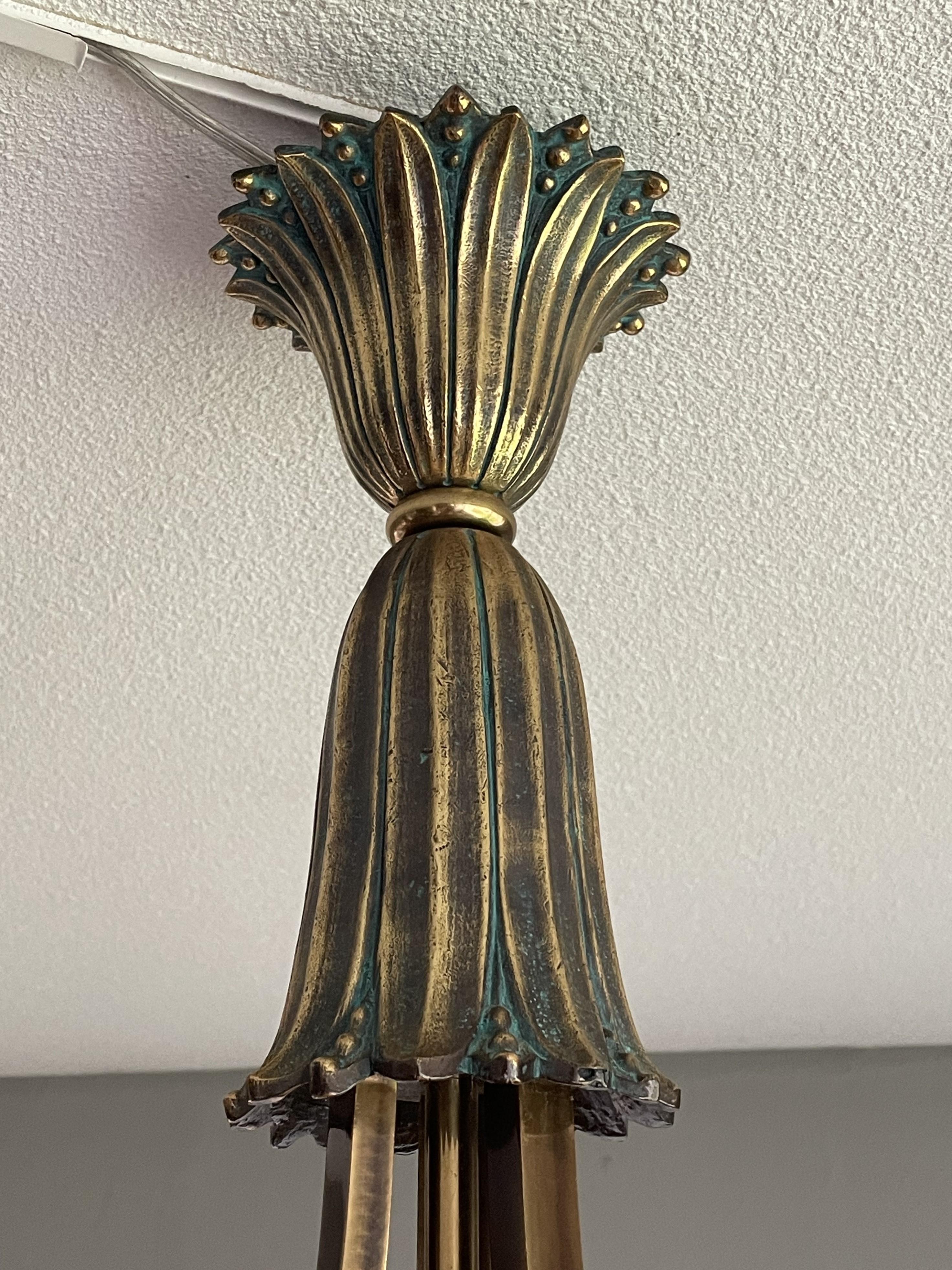 Large & Awesome, Hand Carved Alabaster & Bronze Three Light Pendant / Chandelier 2
