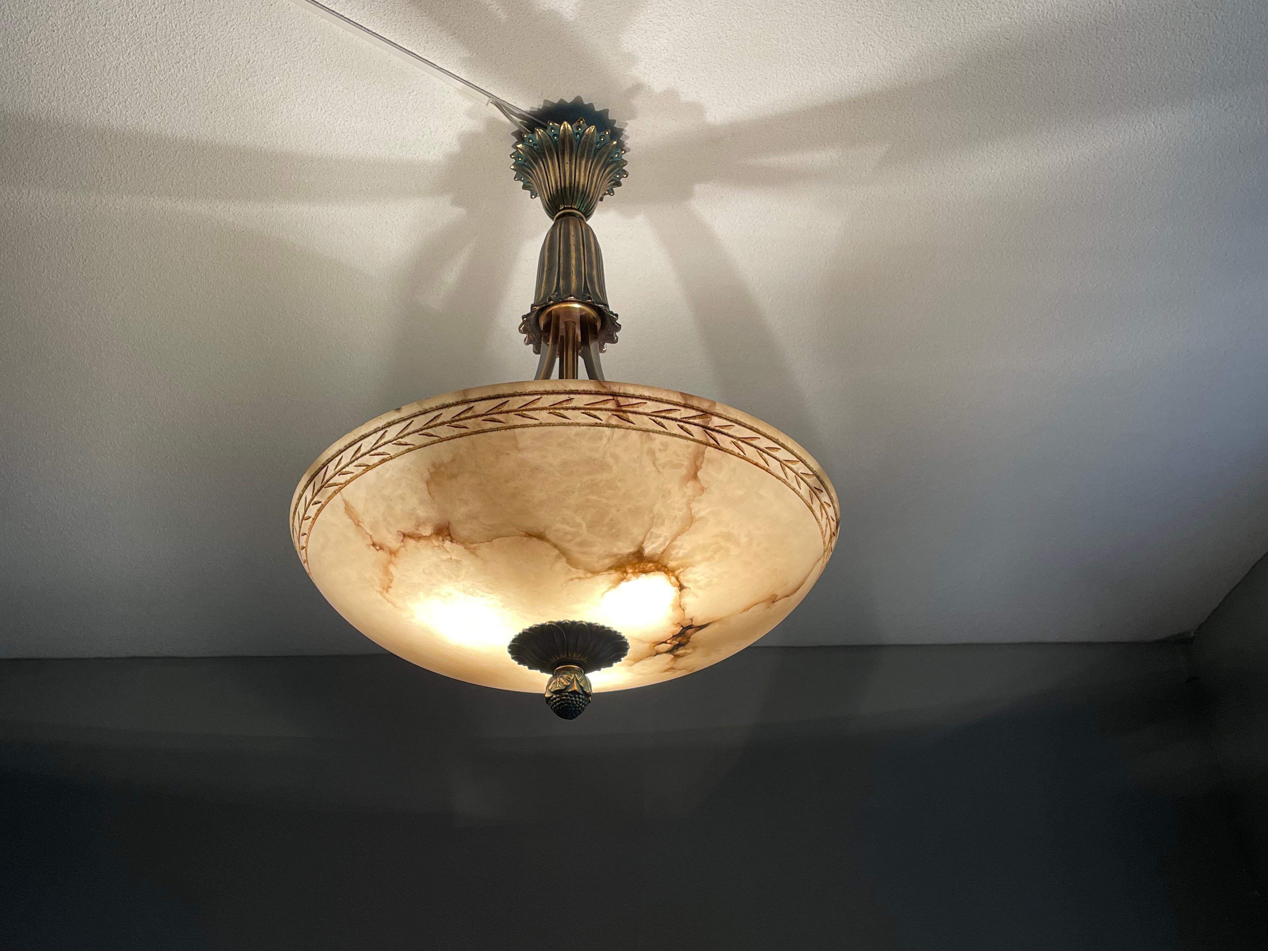 Large & Awesome, Hand Carved Alabaster & Bronze Three Light Pendant / Chandelier 3