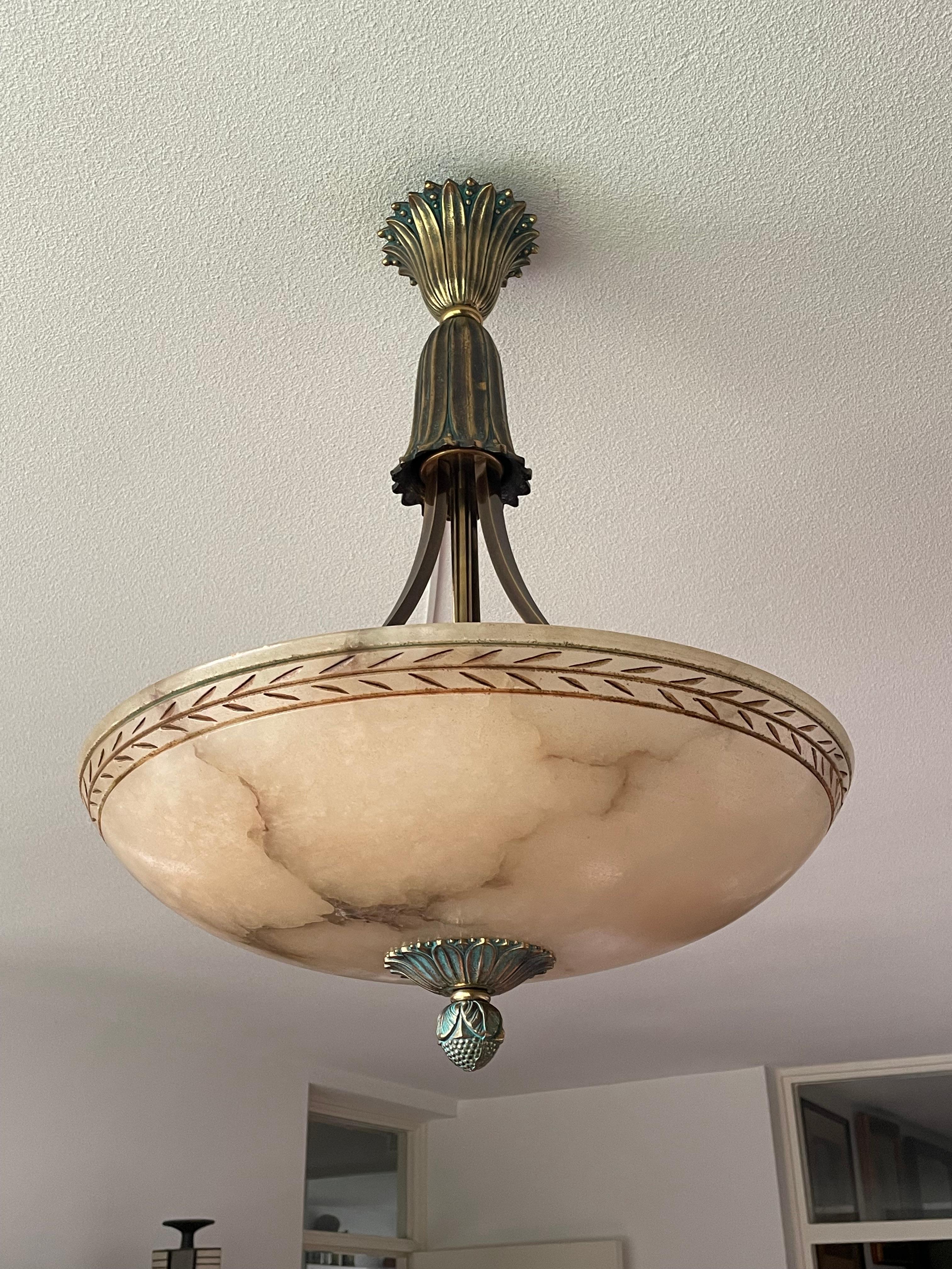 Large & Awesome, Hand Carved Alabaster & Bronze Three Light Pendant / Chandelier 4