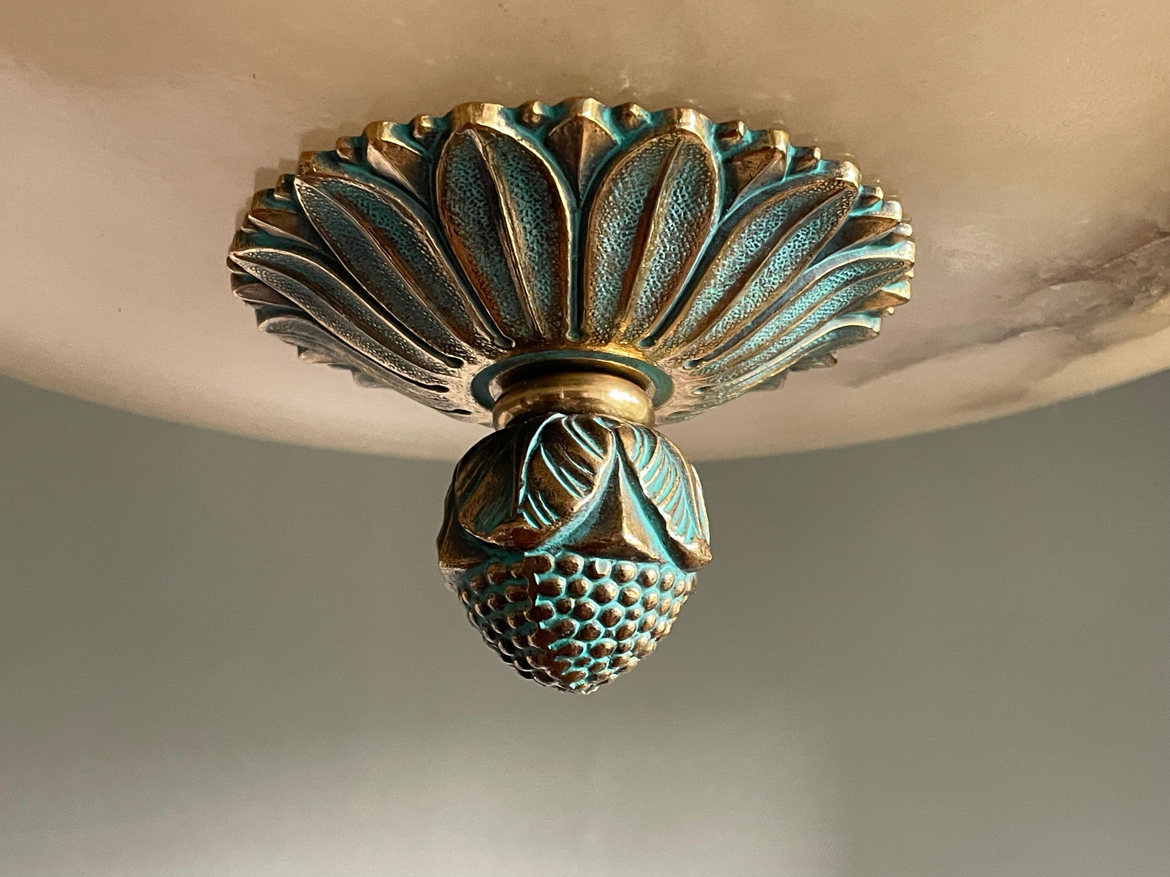 Large & Awesome, Hand Carved Alabaster & Bronze Three Light Pendant / Chandelier 6