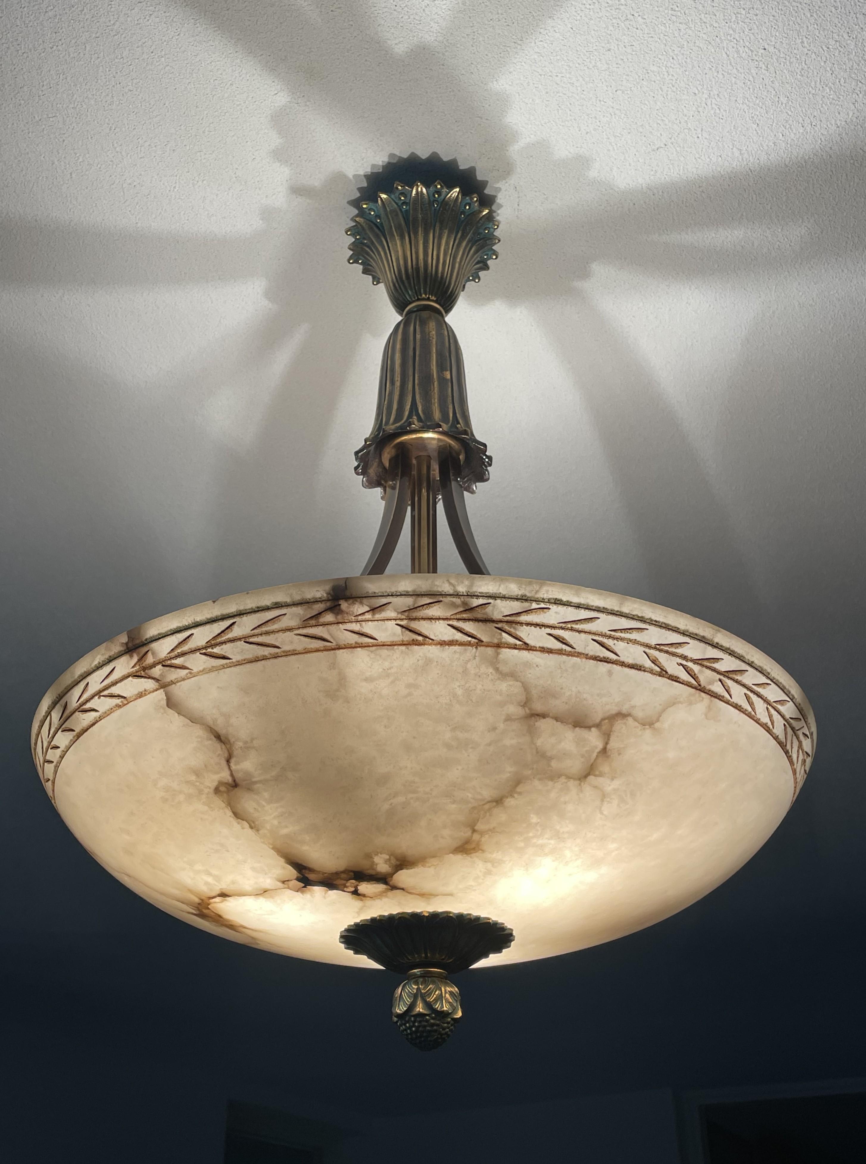 Large & Awesome, Hand Carved Alabaster & Bronze Three Light Pendant / Chandelier 7