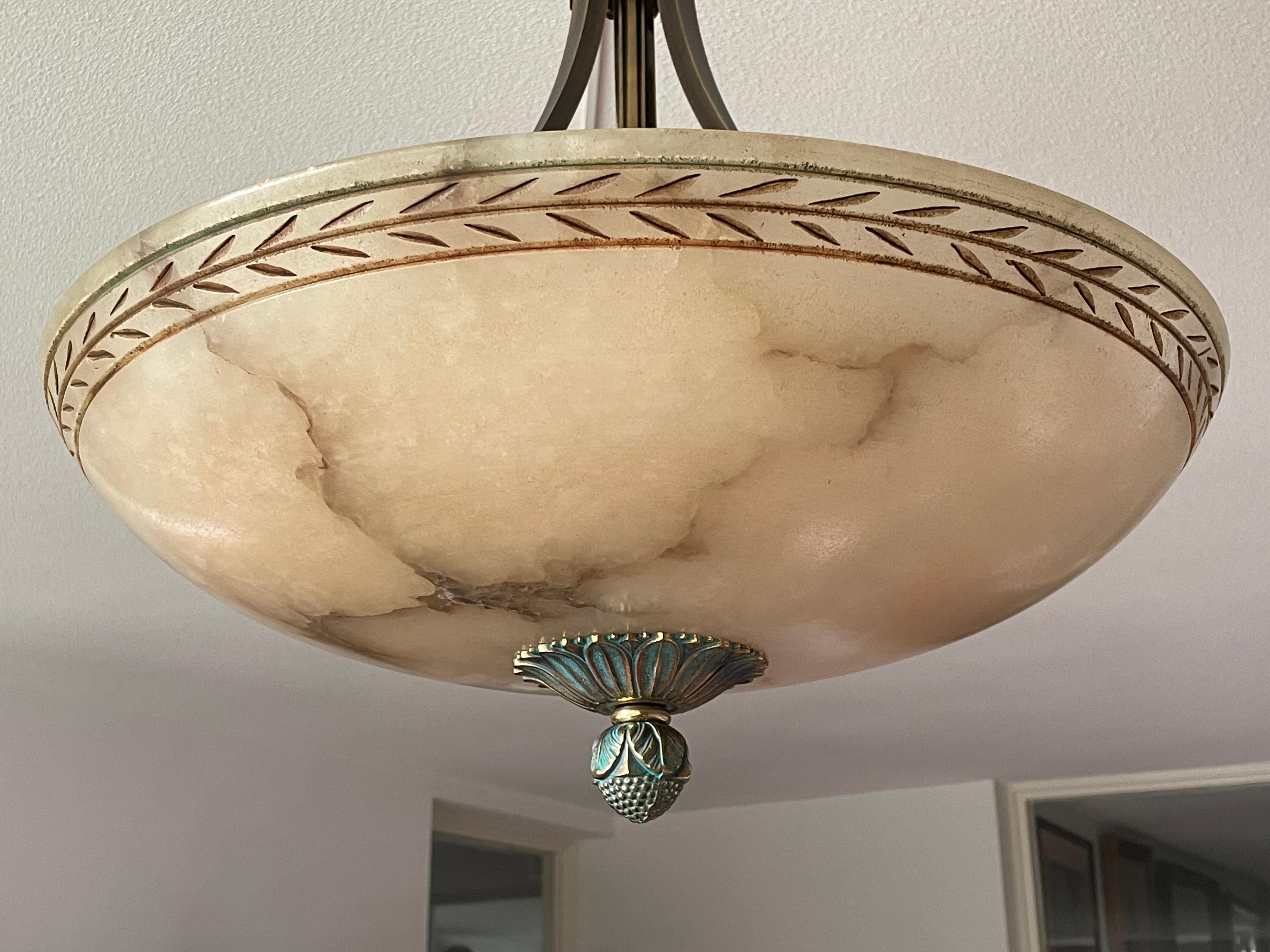 Large & Awesome, Hand Carved Alabaster & Bronze Three Light Pendant / Chandelier 8