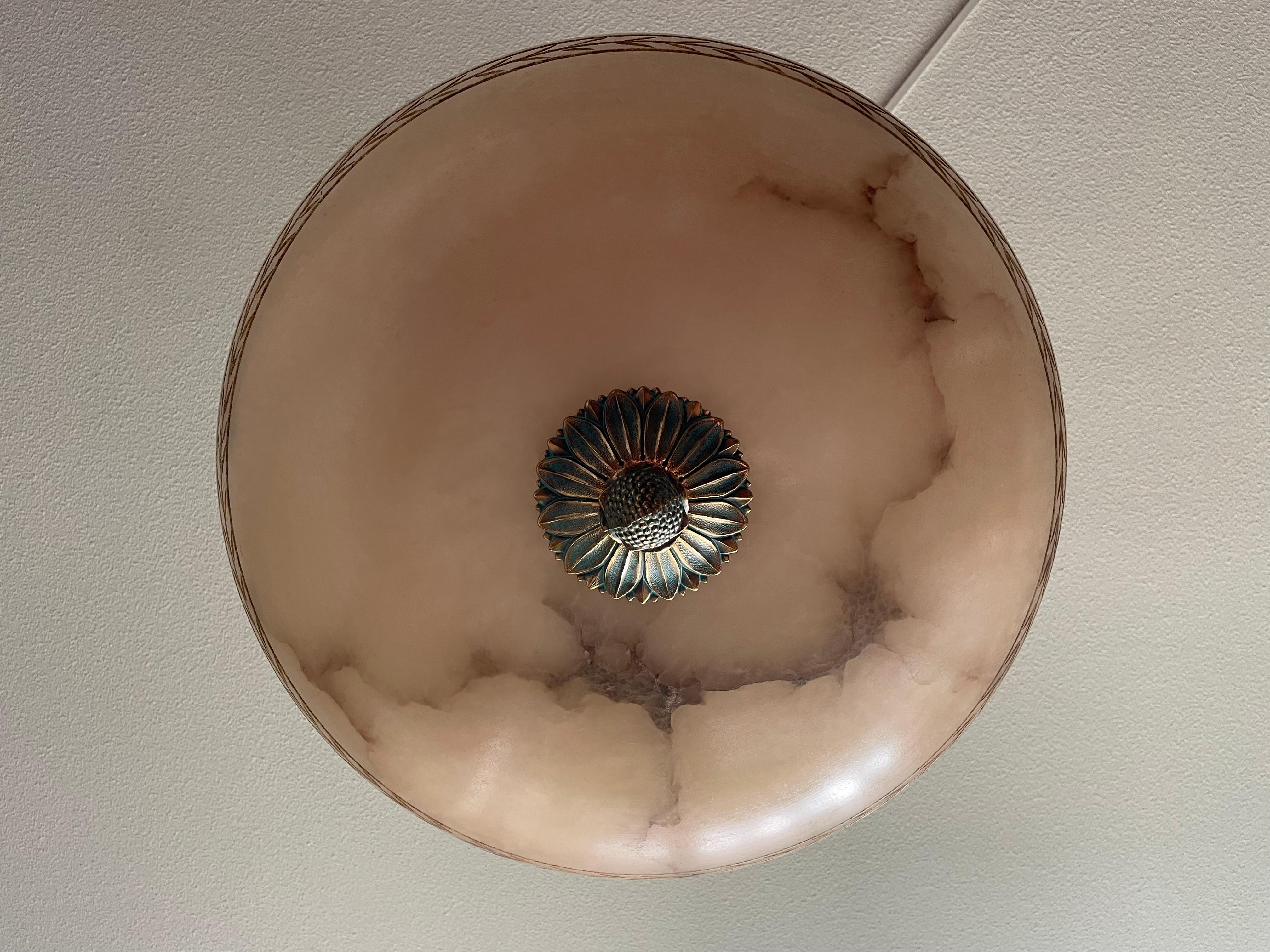 Large & Awesome, Hand Carved Alabaster & Bronze Three Light Pendant / Chandelier 9