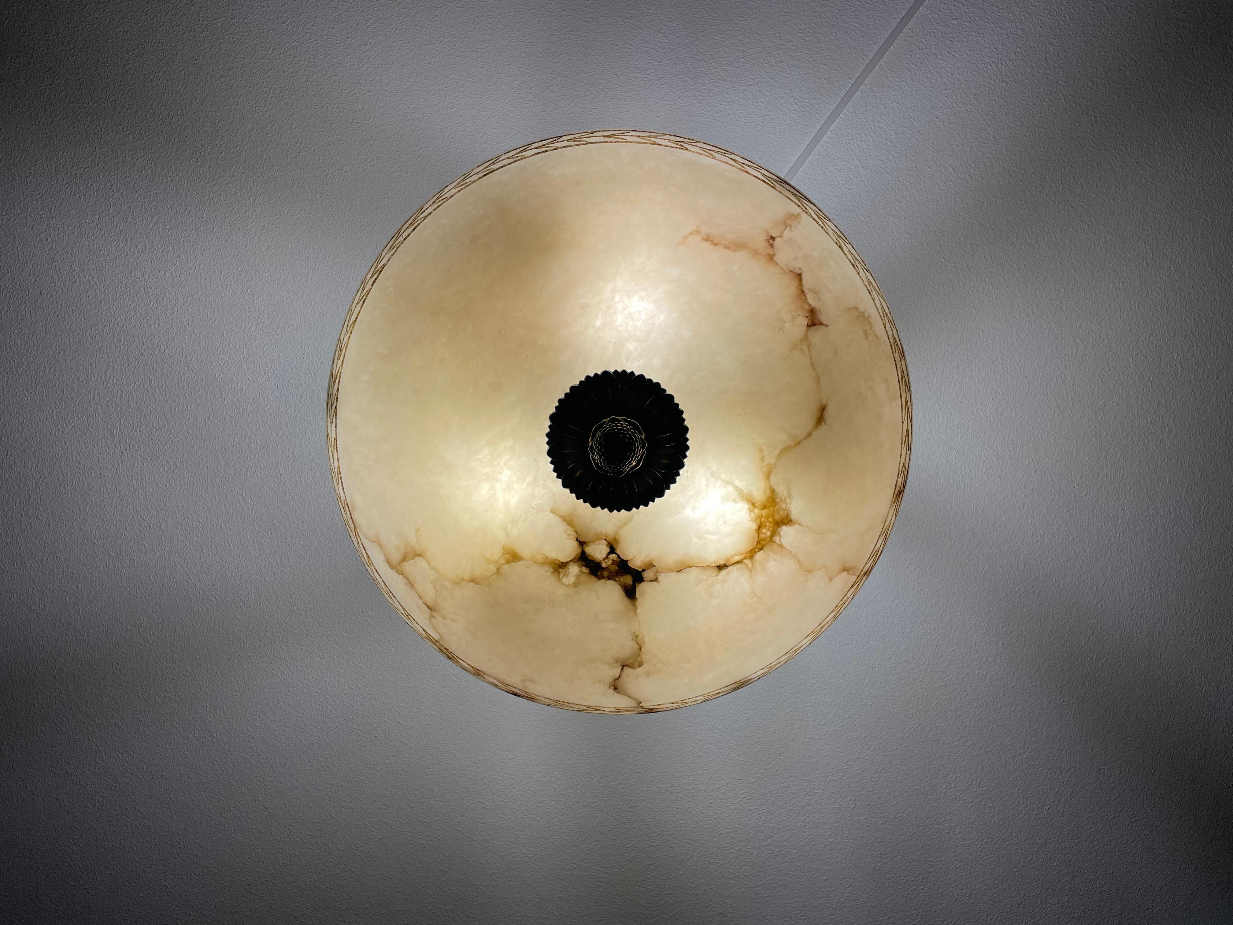 Large & Awesome, Hand Carved Alabaster & Bronze Three Light Pendant / Chandelier 10
