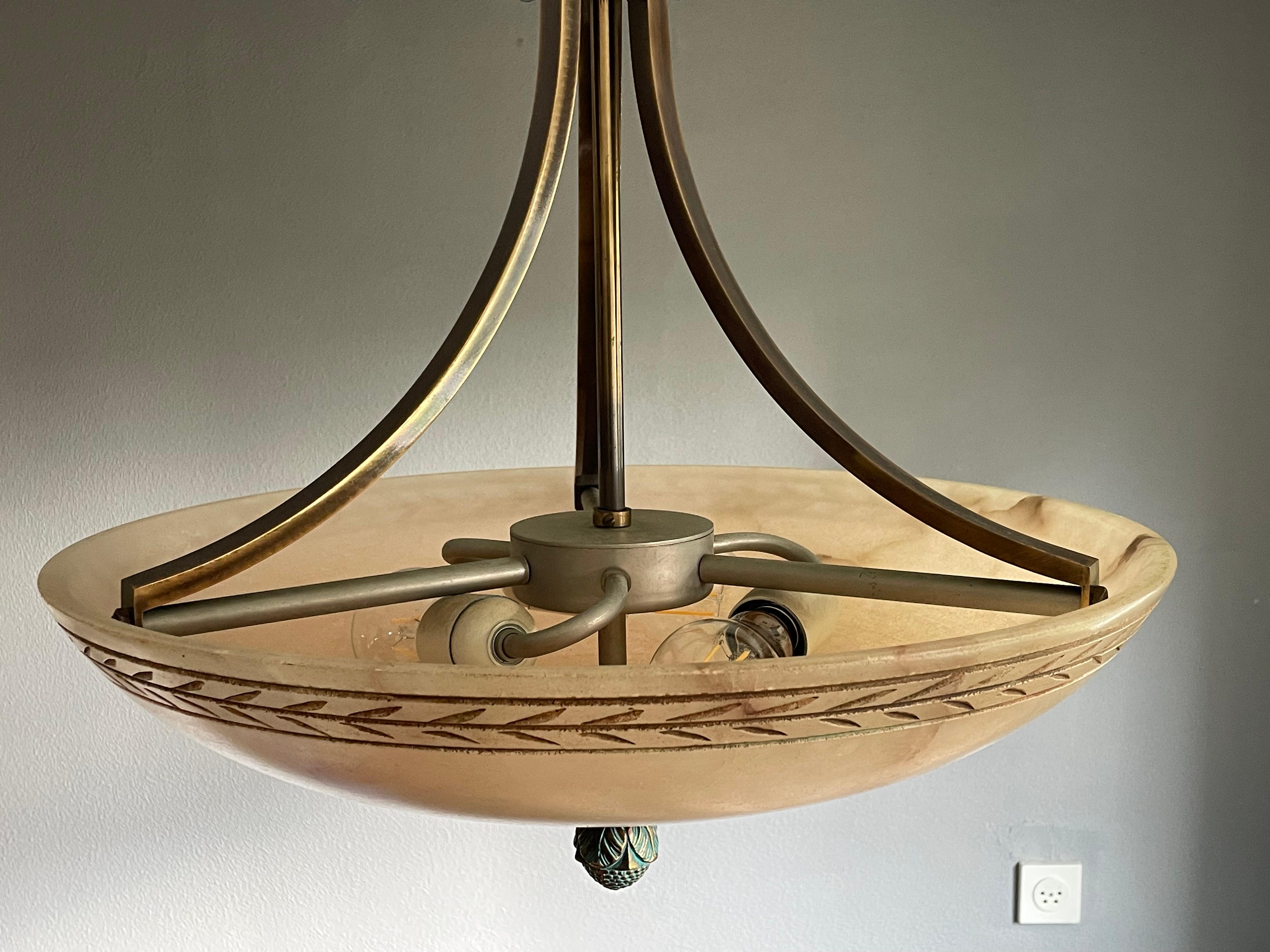 Large & Awesome, Hand Carved Alabaster & Bronze Three Light Pendant / Chandelier 11