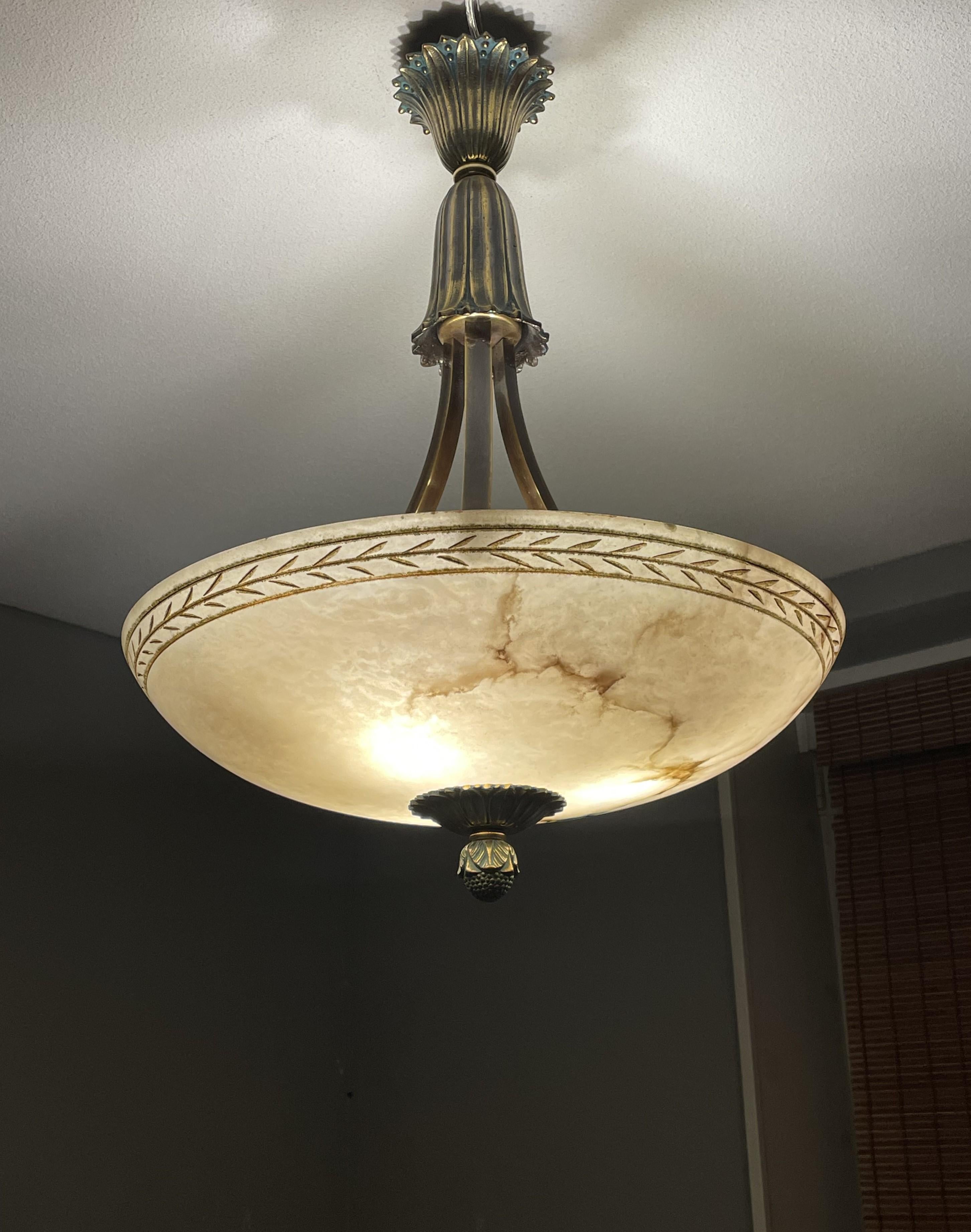 Large & Awesome, Hand Carved Alabaster & Bronze Three Light Pendant / Chandelier 12