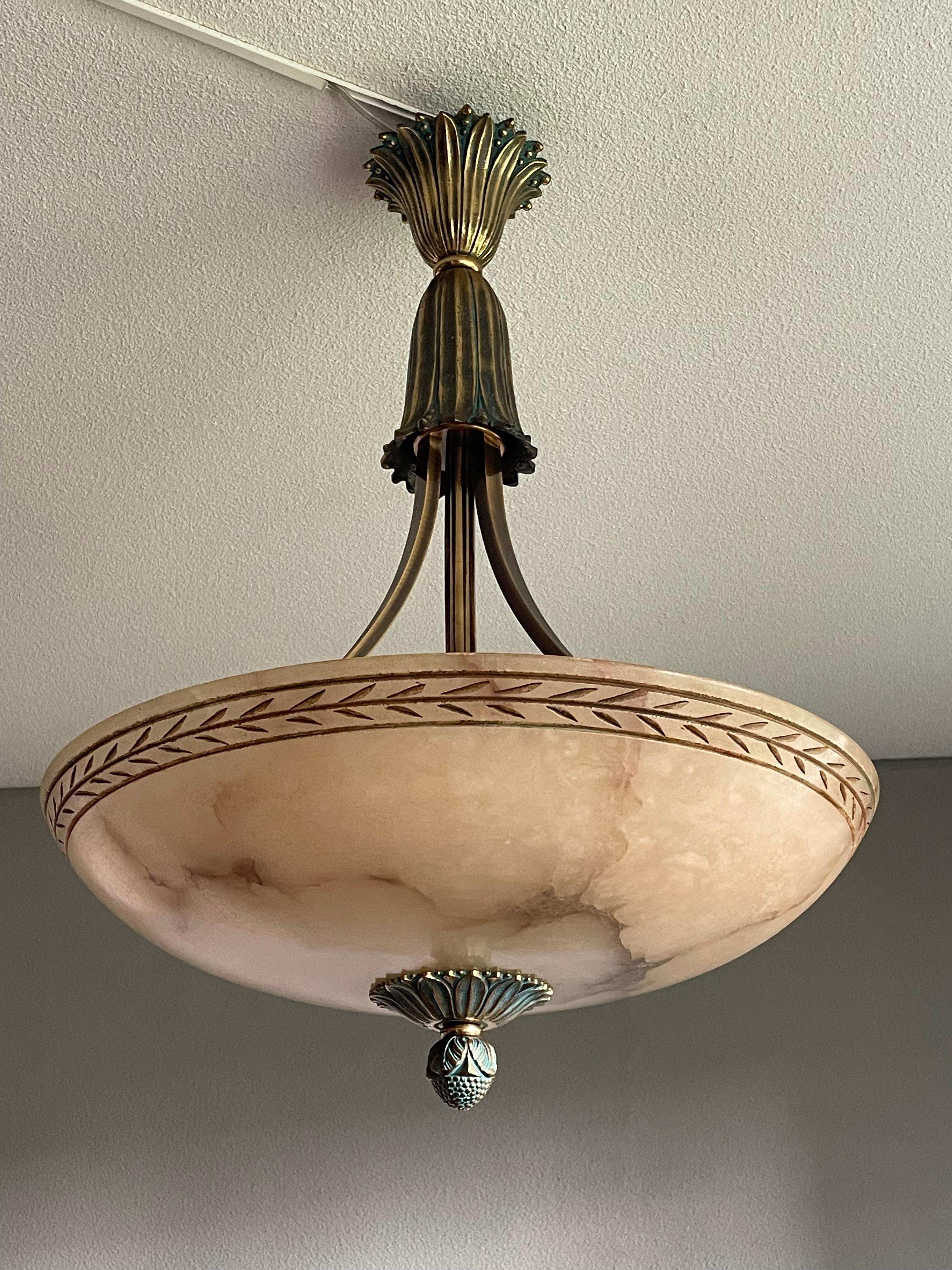 Mid-Century Modern Large & Awesome, Hand Carved Alabaster & Bronze Three Light Pendant / Chandelier
