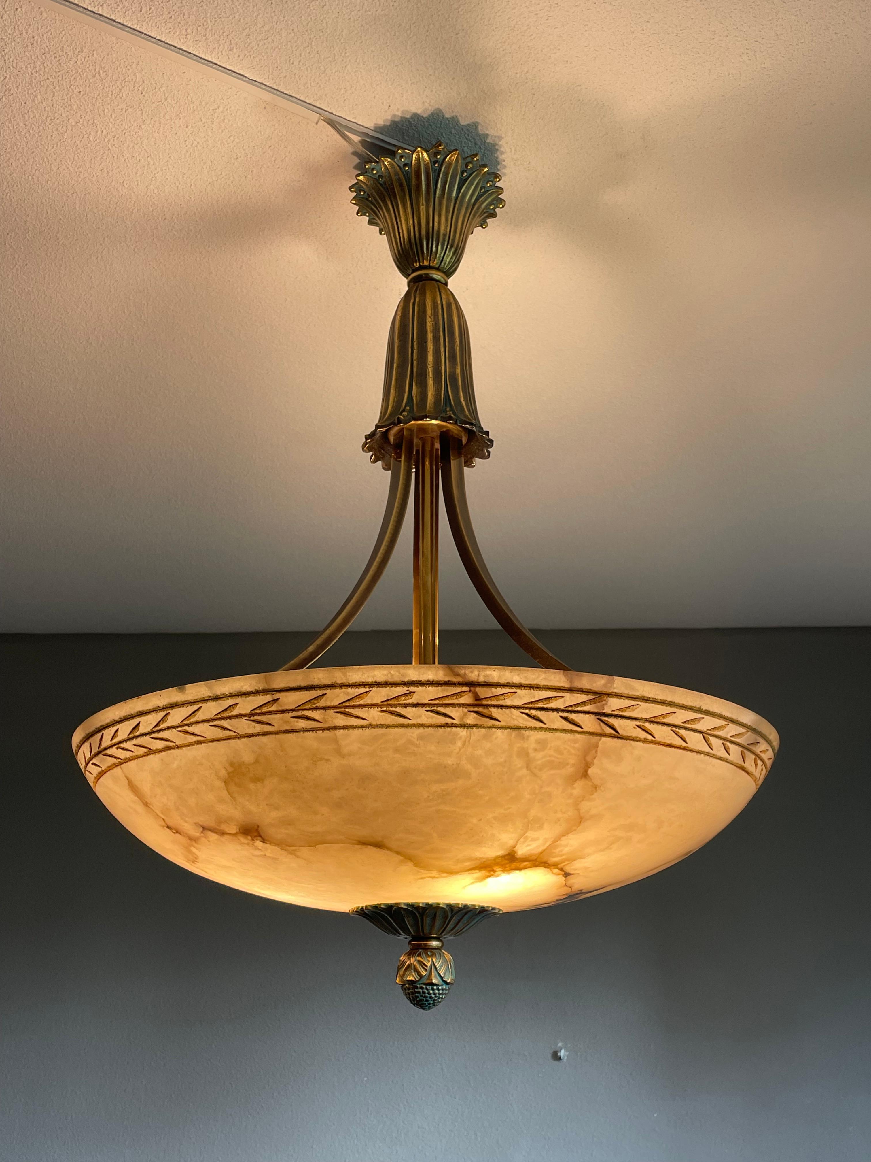 European Large & Awesome, Hand Carved Alabaster & Bronze Three Light Pendant / Chandelier