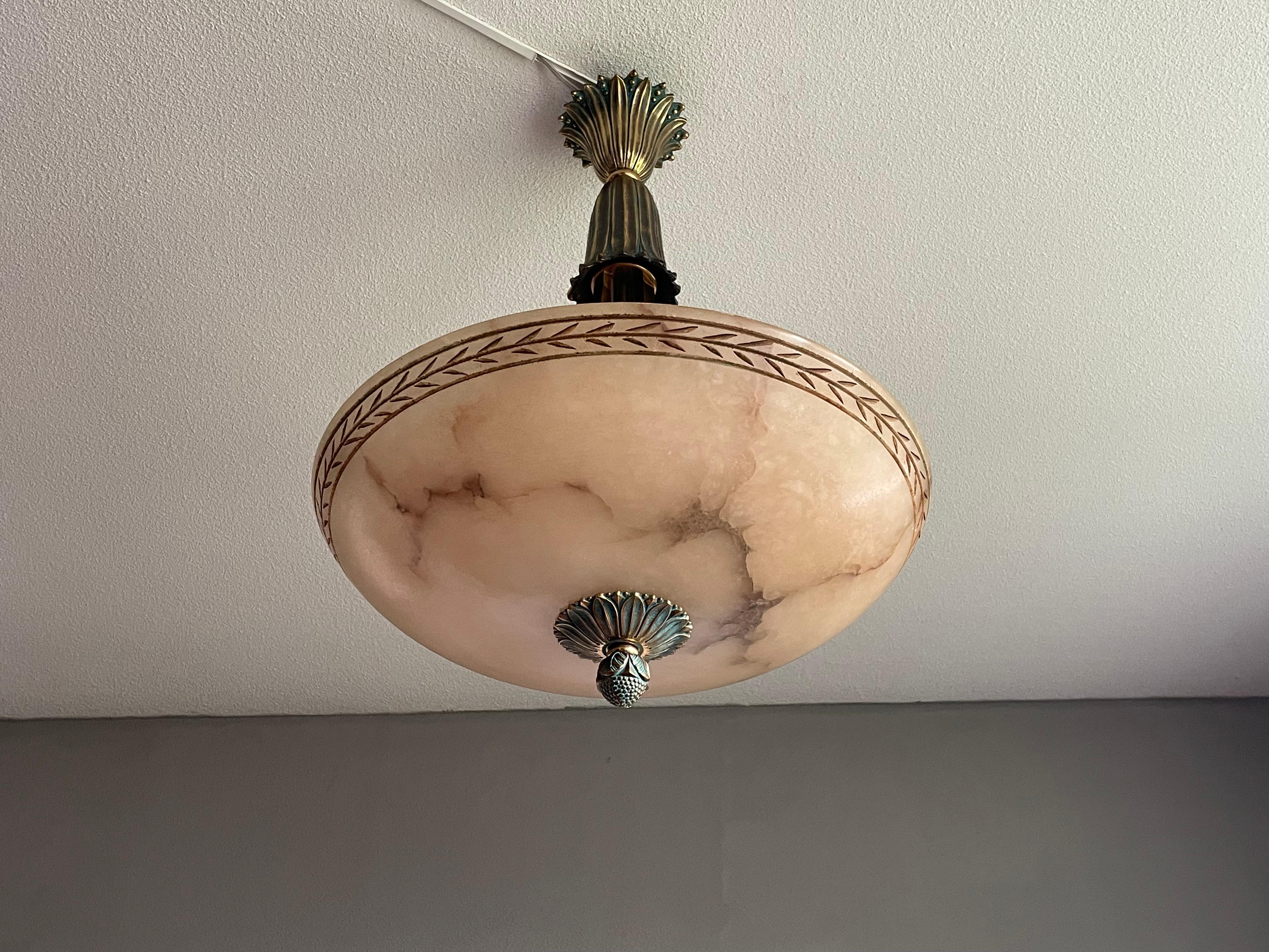 Bronzed Large & Awesome, Hand Carved Alabaster & Bronze Three Light Pendant / Chandelier