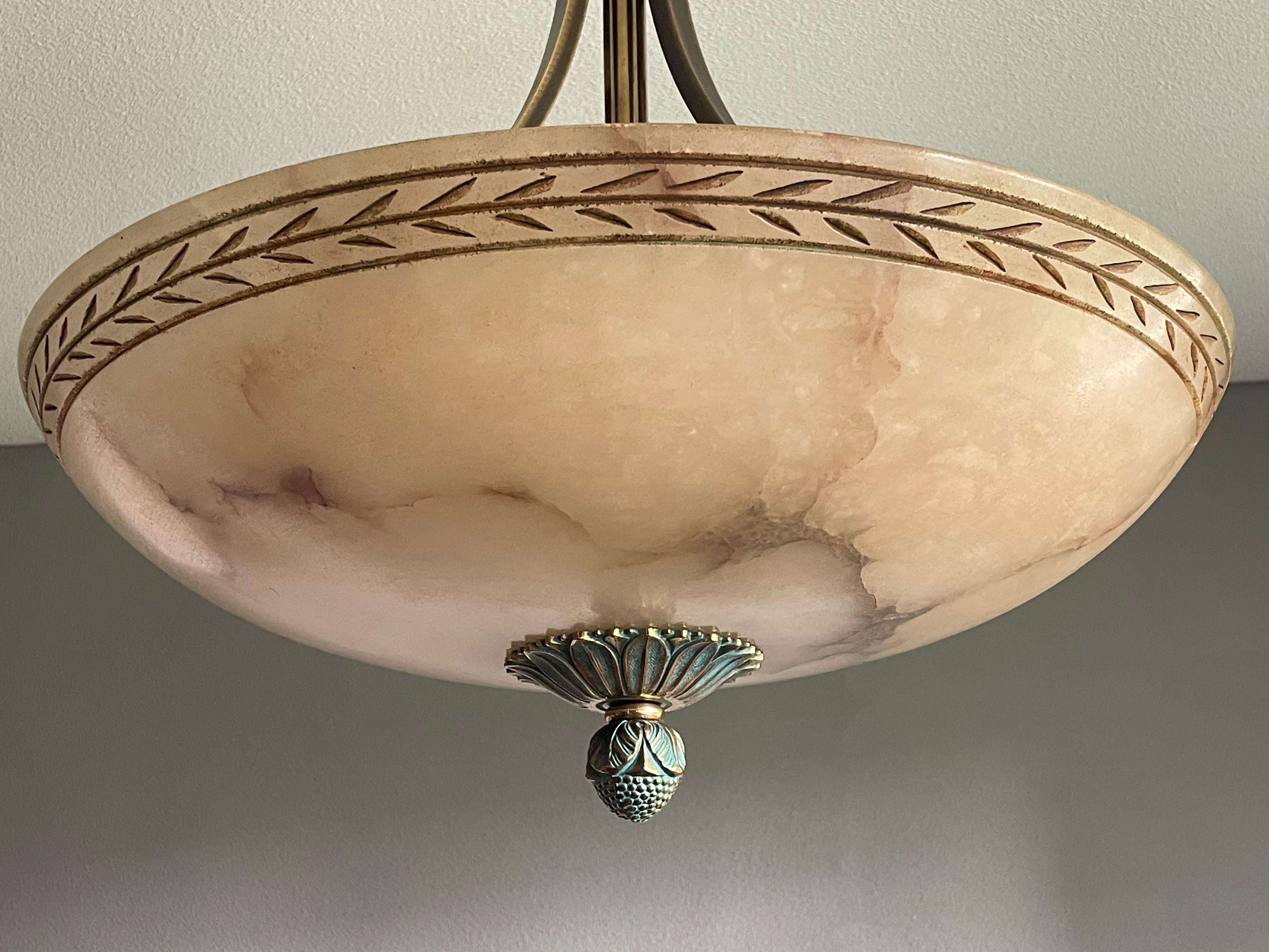 Large & Awesome, Hand Carved Alabaster & Bronze Three Light Pendant / Chandelier In Good Condition In Lisse, NL