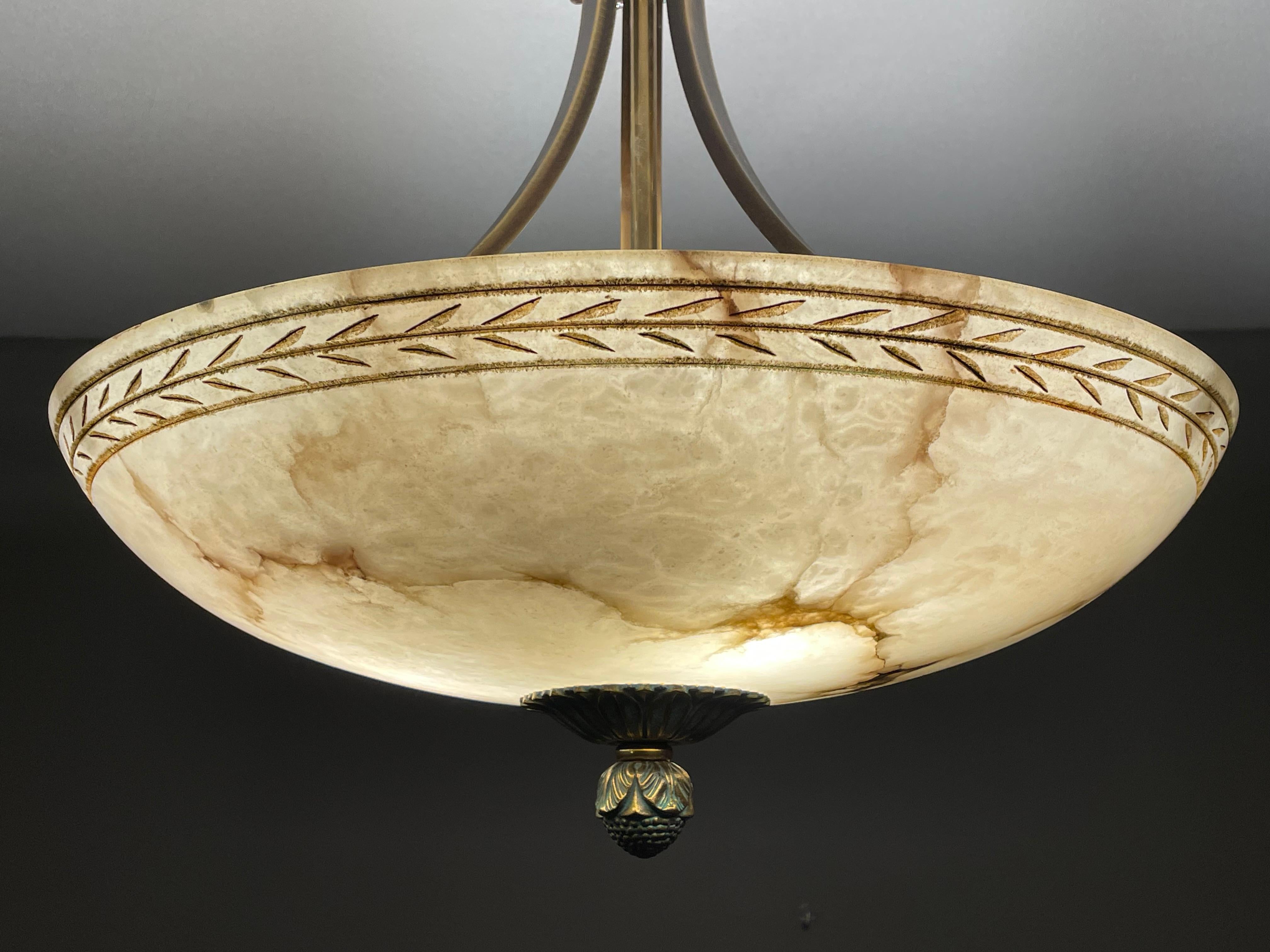 20th Century Large & Awesome, Hand Carved Alabaster & Bronze Three Light Pendant / Chandelier