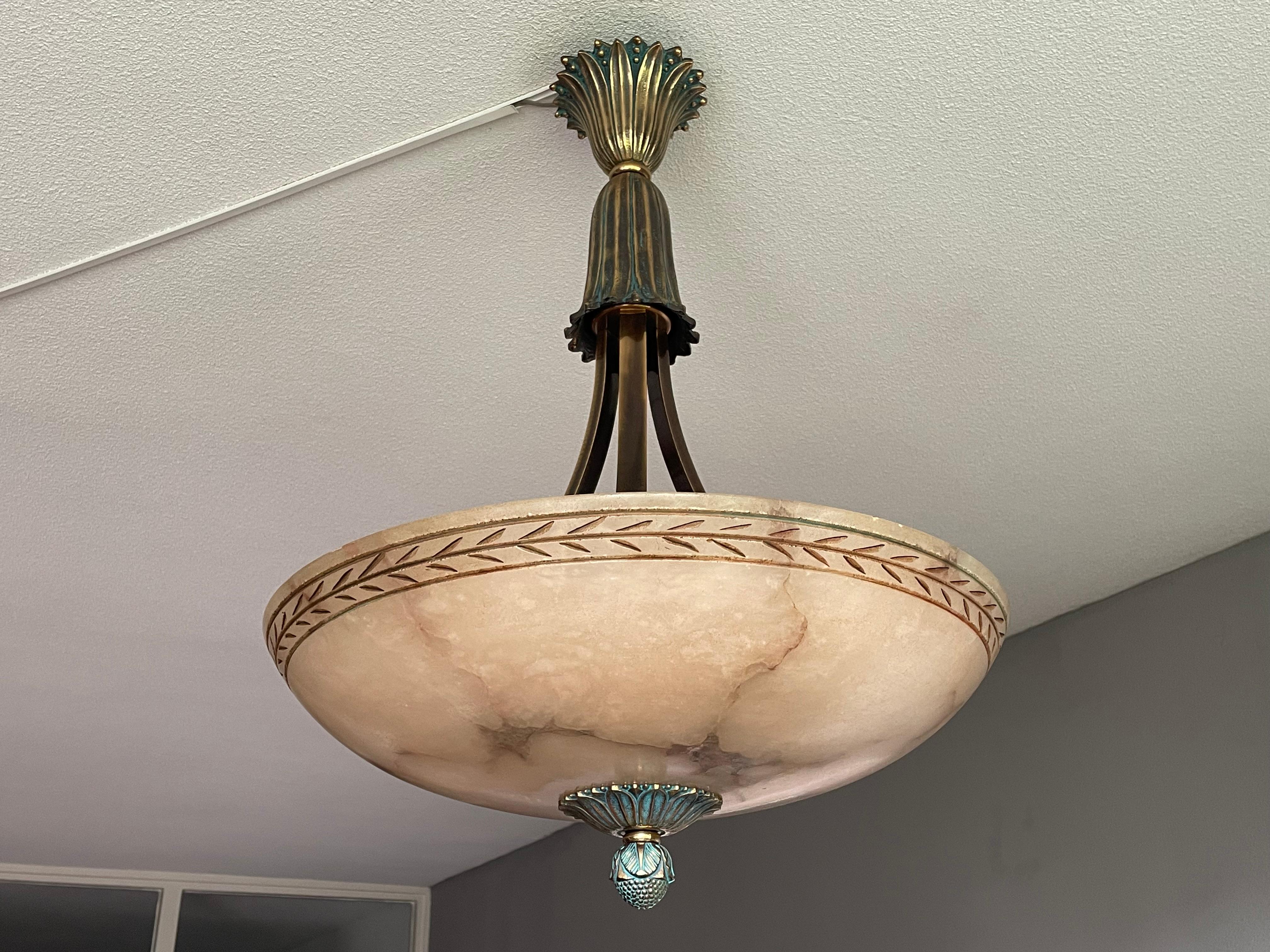 Metal Large & Awesome, Hand Carved Alabaster & Bronze Three Light Pendant / Chandelier