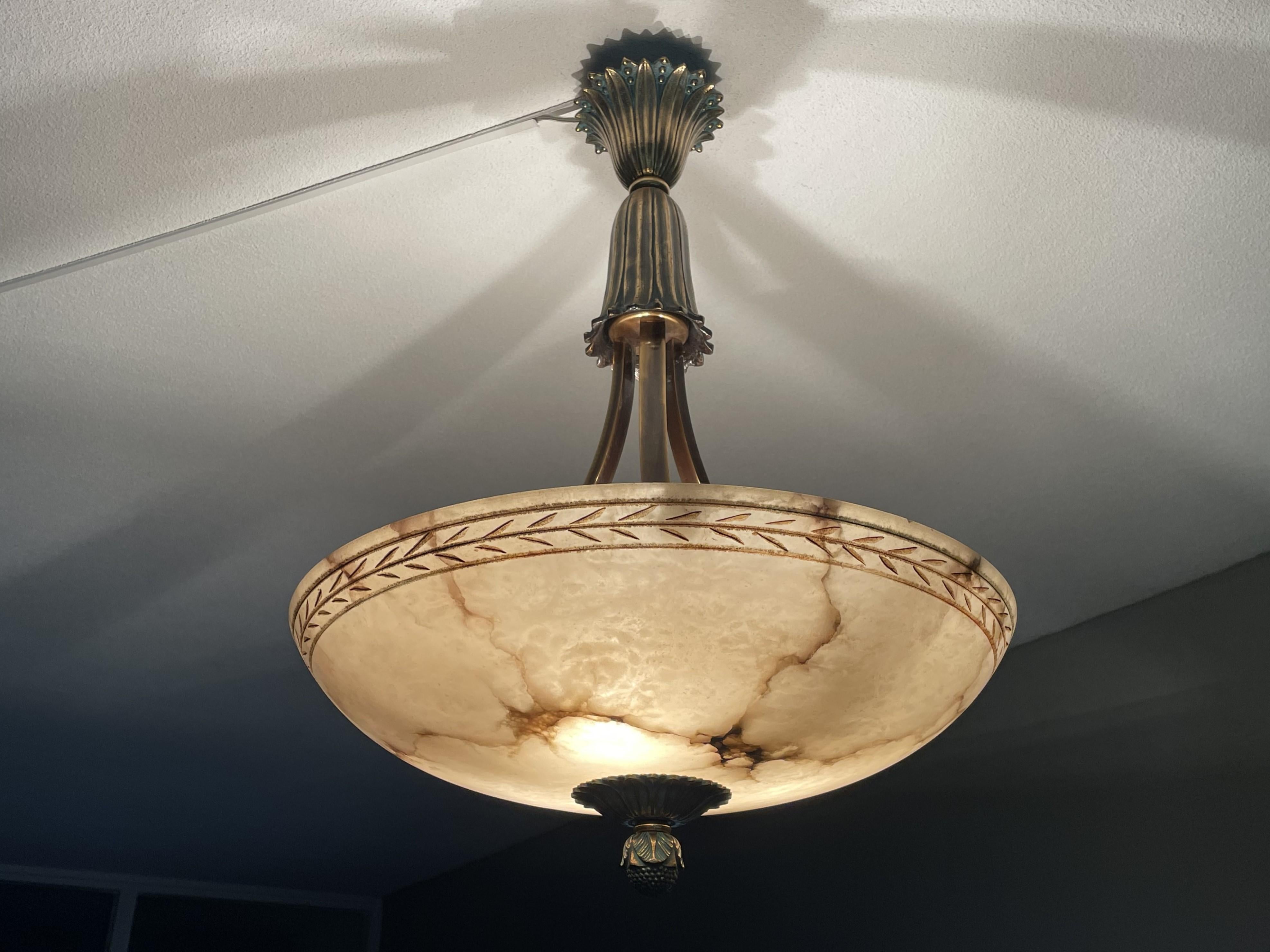 Large & Awesome, Hand Carved Alabaster & Bronze Three Light Pendant / Chandelier 1