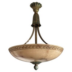 Large & Awesome, Hand Carved Alabaster & Bronze Three Light Pendant / Chandelier