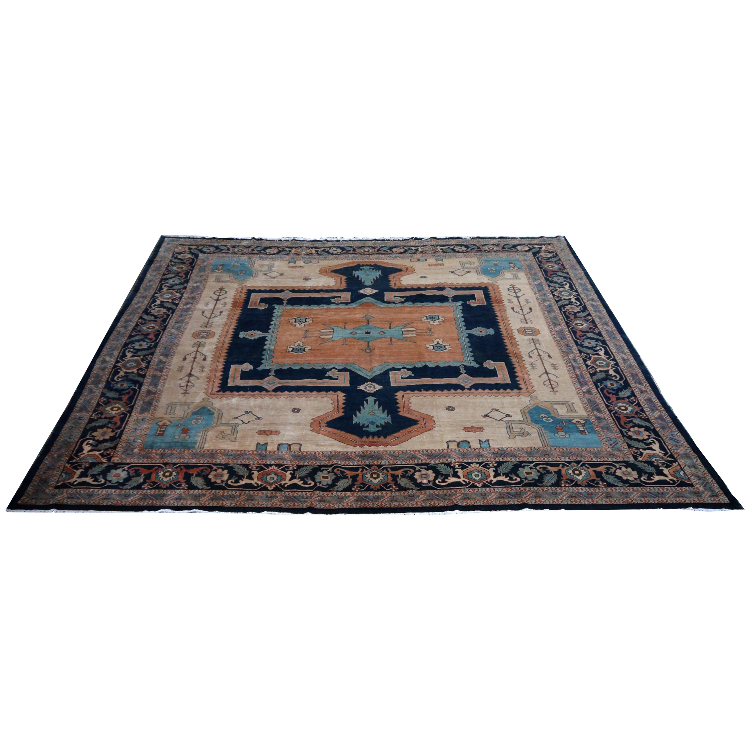 Azeri rug in Heriz style 

Size: 20 x 16 ft / 600 x 490 cm. 
Construction: Hand-knotted
Shape: Rectangular
Age: 4th Quarter 20th Century
Colors: Camel, Dark Blue, Light Blue, Cinnamon
Pile: Wool
Condition: Very good
Style: Traditional, Transitional,