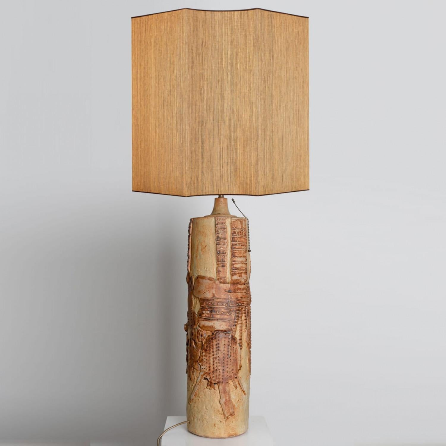 Brutalist Large B. Rooke Ceramic Lamp, 1960s with Custom Made Silk Lampshade by René Hoube For Sale
