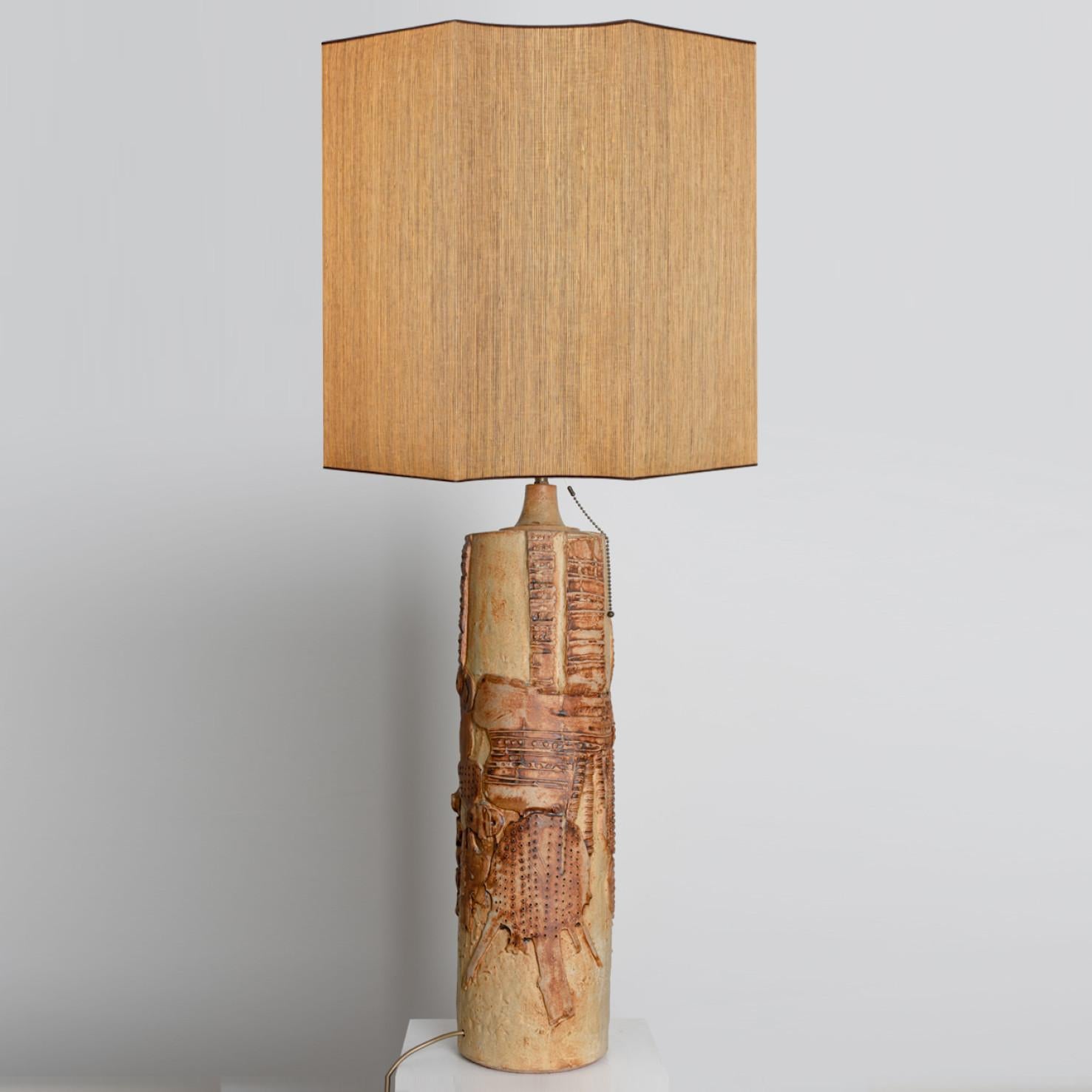 British Large B. Rooke Ceramic Lamp, 1960s with Custom Made Silk Lampshade by René Hoube For Sale
