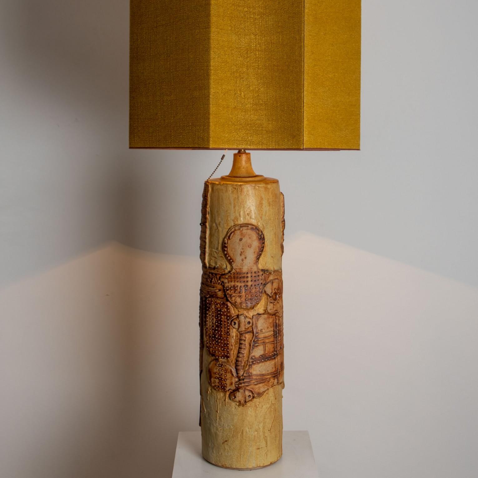 Brass Large B. Rooke Ceramic Lamp, 1960s with Custom Made Silk Lampshade by René Hoube For Sale