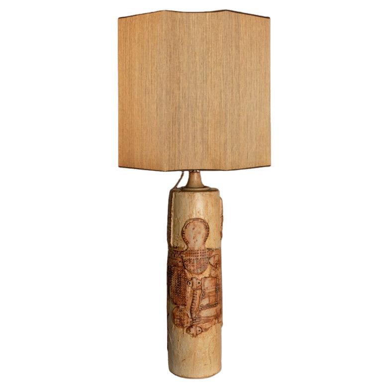 Large B. Rooke Ceramic Lamp, 1960s with Custom Made Silk Lampshade by René Hoube