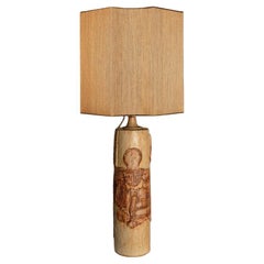 Large B. Rooke Ceramic Lamp, 1960s with Custom Made Silk Lampshade by René Hoube