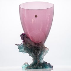 Large Baccarat Art Glass Vase with Face, Blue Pink, France
